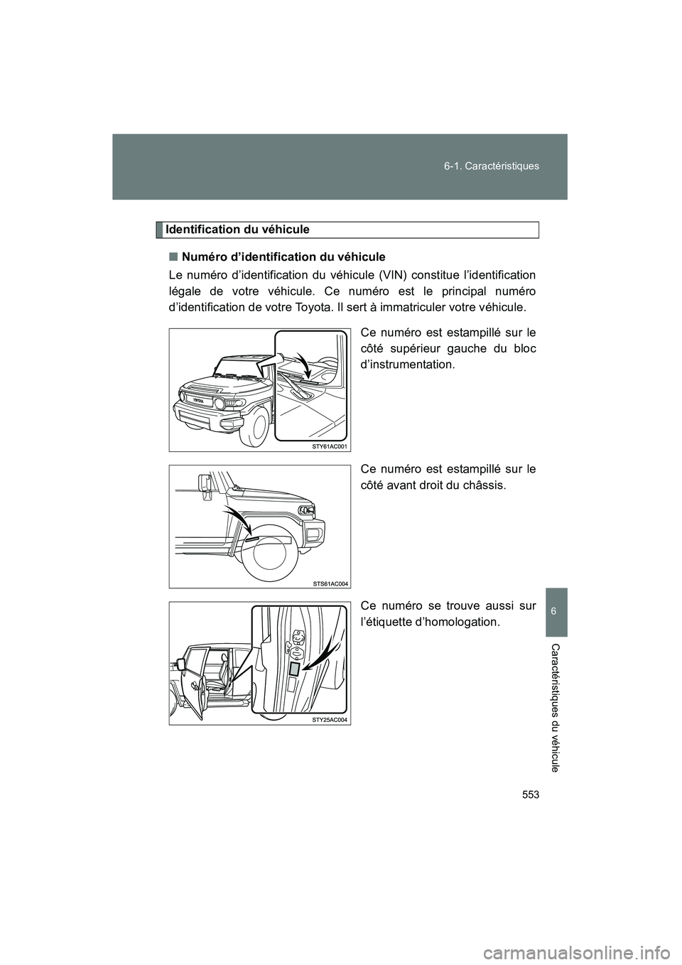 TOYOTA FJ CRUISER 2014  Manuel du propriétaire (in French) 553
6-1. Caractéristiques
6
Caractéristiques du véhicule
FJ CRUISER_D_(35A88D)
Identification du véhicule
■ Numéro d’identification du véhicule
Le numéro d’identification du véhicule (VI