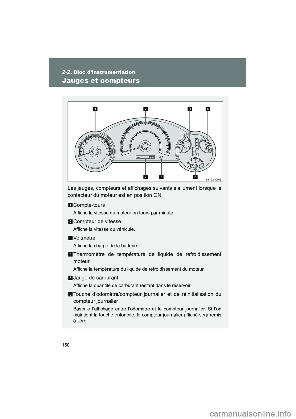 TOYOTA FJ CRUISER 2013  Manuel du propriétaire (in French) 150
FJ CRUISER_D_(35A71D)
2-2. Bloc d’instrumentation
Jauges et compteurs
Les jauges, compteurs et affichages suivants s’allument lorsque le
contacteur du moteur est en position ON.Compte-tours
Af