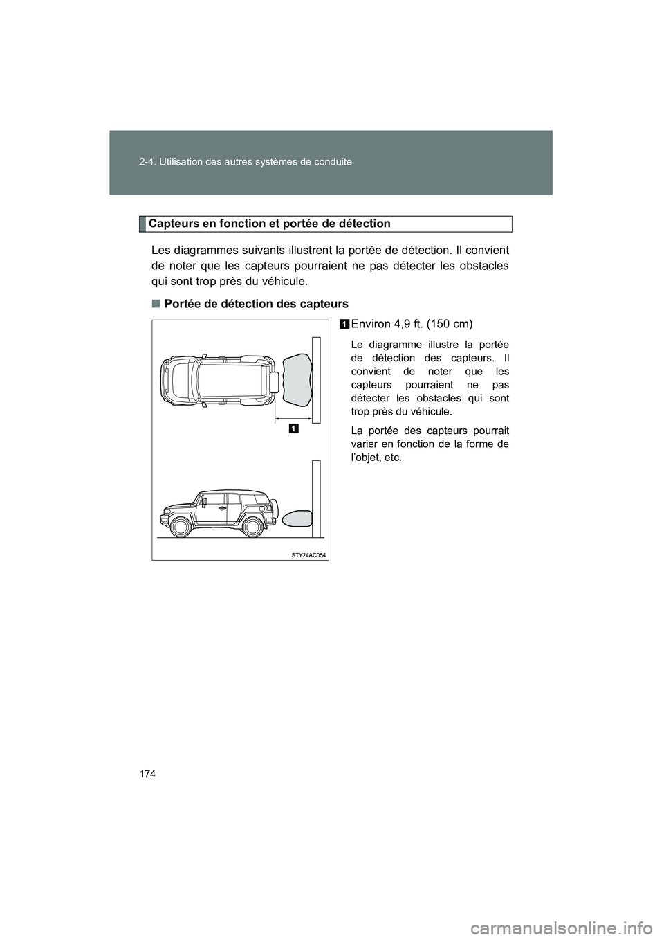 TOYOTA FJ CRUISER 2013 Manuel du propriétaire (in French) 174 2-4. Utilisation des autres systèmes de conduite
FJ CRUISER_D_(35A71D)
Capteurs en fonction et portée de détectionLes diagrammes suivants illustrent la portée de détection. Il convient
de not TOYOTA FJ CRUISER 2013 Manuel du propriétaire (in French) 174 2-4. Utilisation des autres systèmes de conduite
FJ CRUISER_D_(35A71D)
Capteurs en fonction et portée de détectionLes diagrammes suivants illustrent la portée de détection. Il convient
de not