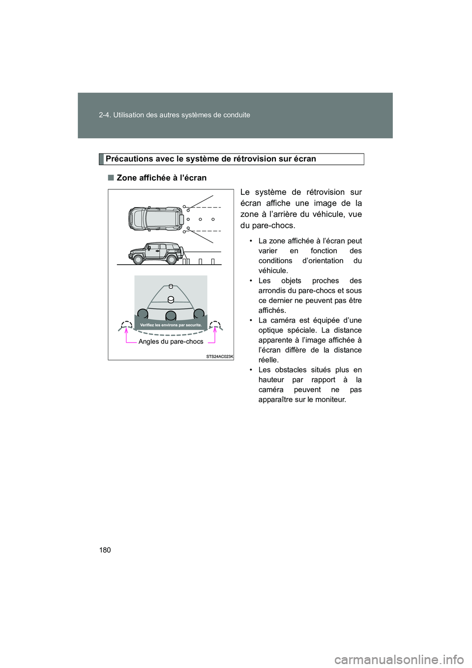 TOYOTA FJ CRUISER 2013 Manuel du propriétaire (in French) 180 2-4. Utilisation des autres systèmes de conduite
FJ CRUISER_D_(35A71D)
Précautions avec le système de rétrovision sur écran■ Zone affichée à l’écran
Le système de rétrovision sur
éc TOYOTA FJ CRUISER 2013 Manuel du propriétaire (in French) 180 2-4. Utilisation des autres systèmes de conduite
FJ CRUISER_D_(35A71D)
Précautions avec le système de rétrovision sur écran■ Zone affichée à l’écran
Le système de rétrovision sur
éc