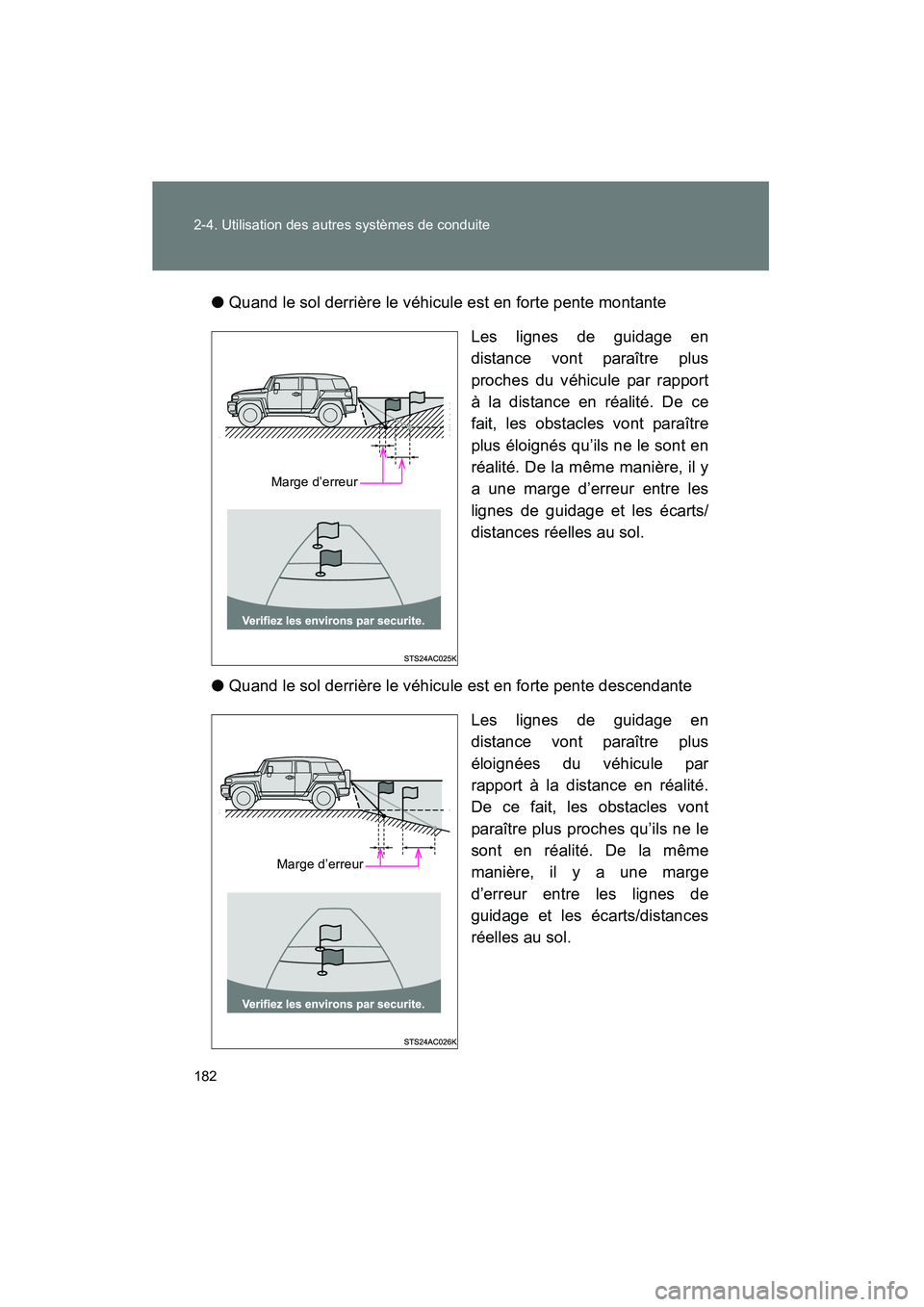 TOYOTA FJ CRUISER 2013 Manuel du propriétaire (in French) 182 2-4. Utilisation des autres systèmes de conduite
FJ CRUISER_D_(35A71D)●
Quand le sol derrière le véhicule est en forte pente montante
Les lignes de guidage en
distance vont paraître plus
pro TOYOTA FJ CRUISER 2013 Manuel du propriétaire (in French) 182 2-4. Utilisation des autres systèmes de conduite
FJ CRUISER_D_(35A71D)●
Quand le sol derrière le véhicule est en forte pente montante
Les lignes de guidage en
distance vont paraître plus
pro
