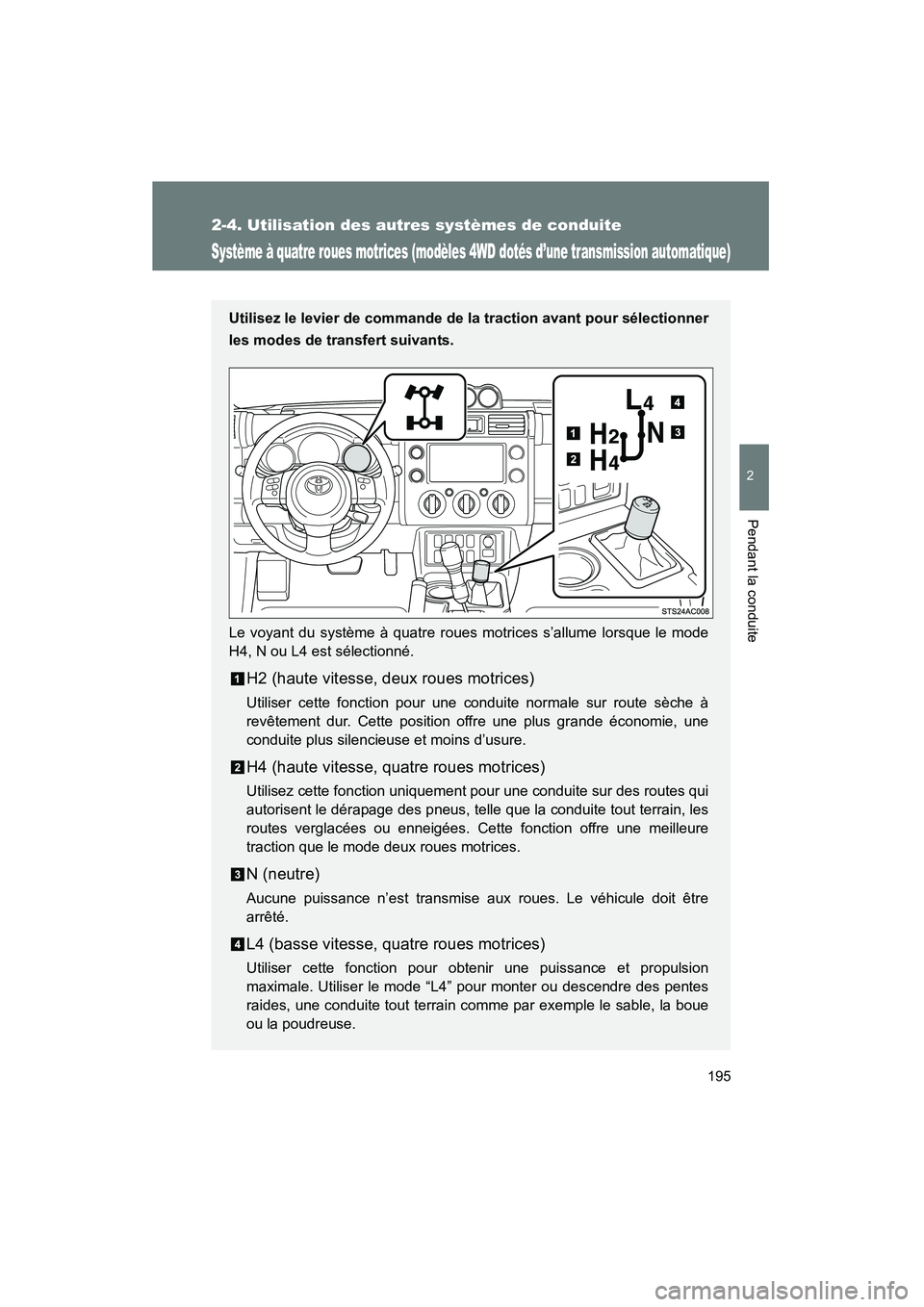 TOYOTA FJ CRUISER 2013 Manuel du propriétaire (in French) 195
2-4. Utilisation des autres systèmes de conduite
2
Pendant la conduite
FJ CRUISER_D_(35A71D)
Système à quatre roues motrices (modèles 4WD dotés d’une transmission automatique)
Utilisez le l TOYOTA FJ CRUISER 2013 Manuel du propriétaire (in French) 195
2-4. Utilisation des autres systèmes de conduite
2
Pendant la conduite
FJ CRUISER_D_(35A71D)
Système à quatre roues motrices (modèles 4WD dotés d’une transmission automatique)
Utilisez le l