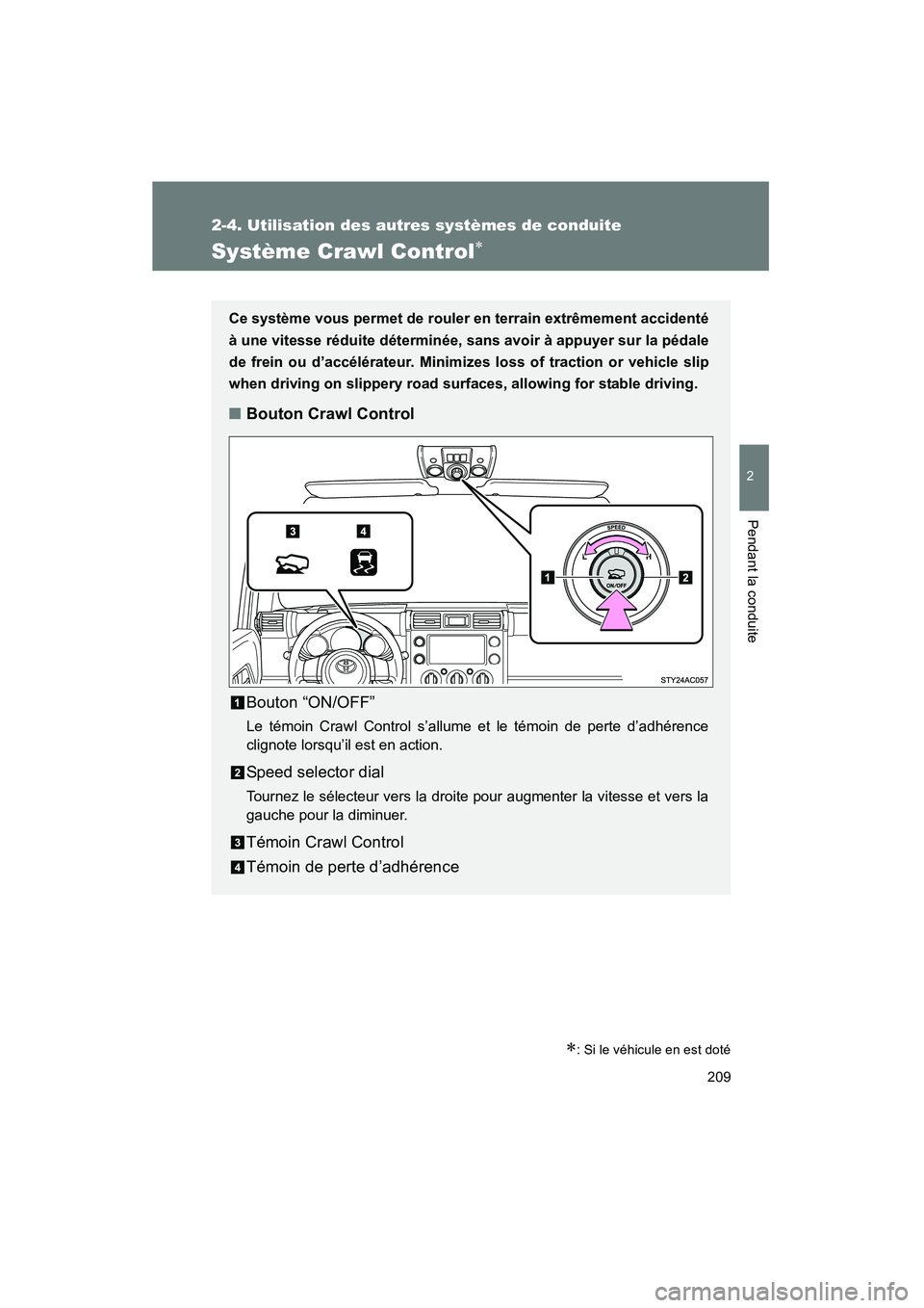 TOYOTA FJ CRUISER 2013 Manuel du propriétaire (in French) 209
2-4. Utilisation des autres systèmes de conduite
2
Pendant la conduite
FJ CRUISER_D_(35A71D)
Système Crawl Control∗
∗: Si le véhicule en est doté
Ce système vous permet de rouler en terra TOYOTA FJ CRUISER 2013 Manuel du propriétaire (in French) 209
2-4. Utilisation des autres systèmes de conduite
2
Pendant la conduite
FJ CRUISER_D_(35A71D)
Système Crawl Control∗
∗: Si le véhicule en est doté
Ce système vous permet de rouler en terra