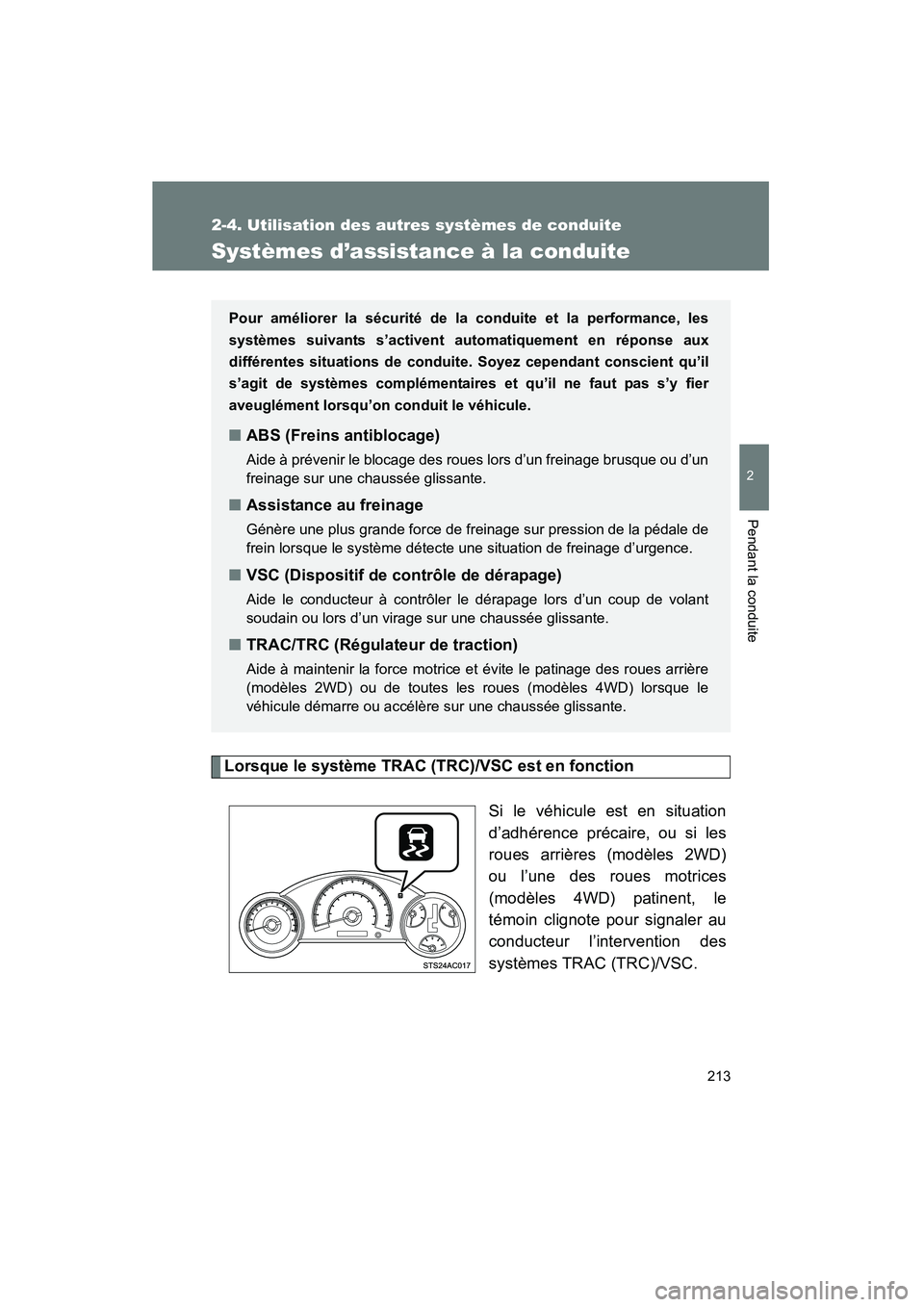 TOYOTA FJ CRUISER 2013 Manuel du propriétaire (in French) 213
2-4. Utilisation des autres systèmes de conduite
2
Pendant la conduite
FJ CRUISER_D_(35A71D)
Systèmes d’assistance à la conduite
Lorsque le système TRAC (TRC)/VSC est en fonctionSi le véhic TOYOTA FJ CRUISER 2013 Manuel du propriétaire (in French) 213
2-4. Utilisation des autres systèmes de conduite
2
Pendant la conduite
FJ CRUISER_D_(35A71D)
Systèmes d’assistance à la conduite
Lorsque le système TRAC (TRC)/VSC est en fonctionSi le véhic