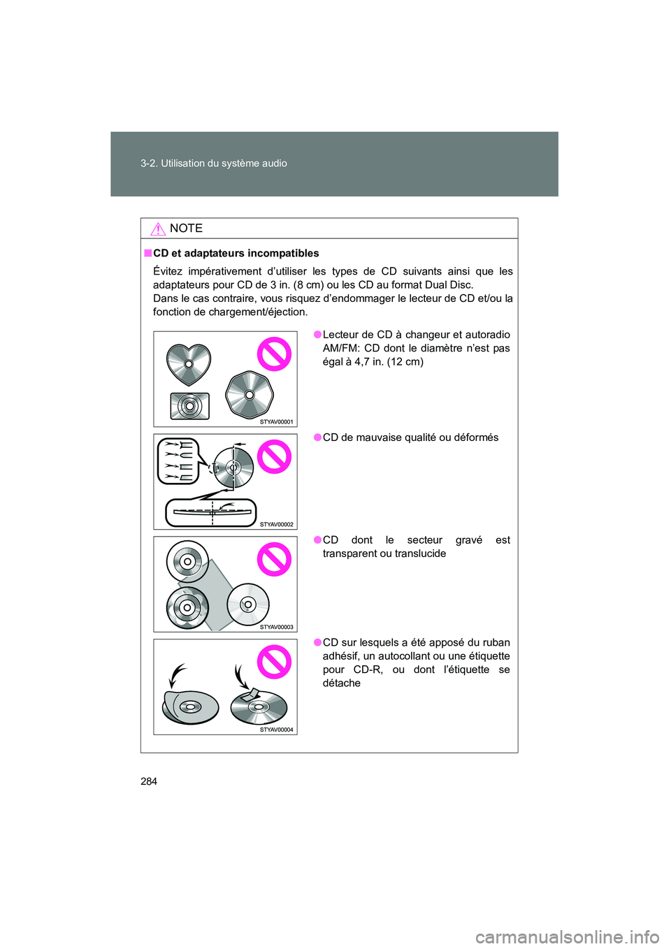 TOYOTA FJ CRUISER 2013 Manuel du propriétaire (in French) 284 3-2. Utilisation du système audio
FJ CRUISER_D_(35A71D)
NOTE
■CD et adaptateurs incompatibles
Évitez impérativement d’utiliser les types de CD suivants ainsi que les
adaptateurs pour CD de TOYOTA FJ CRUISER 2013 Manuel du propriétaire (in French) 284 3-2. Utilisation du système audio
FJ CRUISER_D_(35A71D)
NOTE
■CD et adaptateurs incompatibles
Évitez impérativement d’utiliser les types de CD suivants ainsi que les
adaptateurs pour CD de