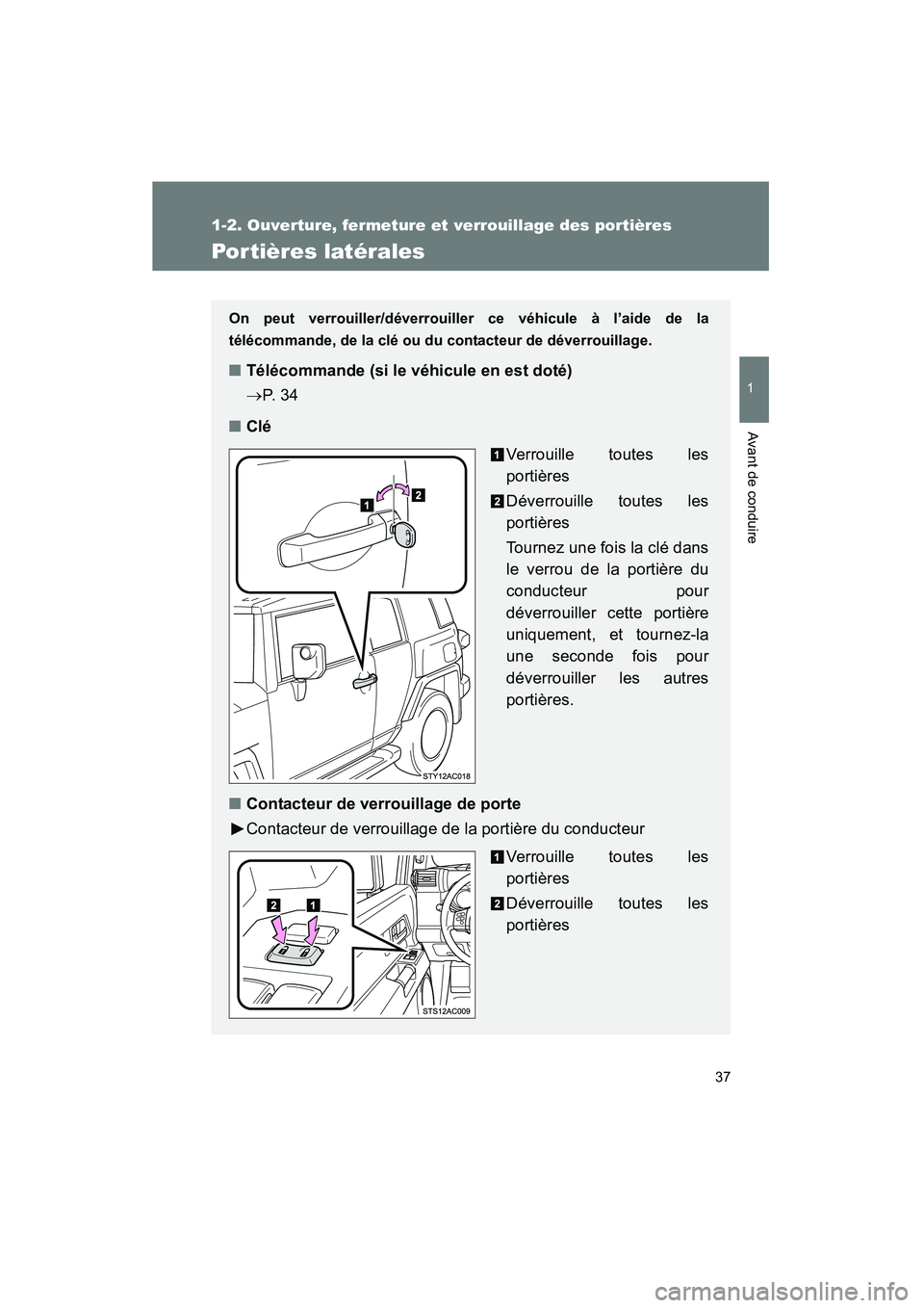TOYOTA FJ CRUISER 2013  Manuel du propriétaire (in French) 37
1
1-2. Ouverture, fermeture et verrouillage des portières
Avant de conduire
FJ CRUISER_D_(35A71D)
Por tières latérales
On peut verrouiller/déverrouiller ce véhicule à l’aide de la
télécom