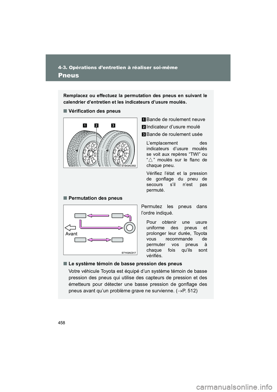 TOYOTA FJ CRUISER 2013  Manuel du propriétaire (in French) 458
4-3. Opérations d’entretien à réaliser soi-même
FJ CRUISER_D_(35A71D)
Pneus
Remplacez ou effectuez la permutation des pneus en suivant le
calendrier d’entretien et les indicateurs d’usur