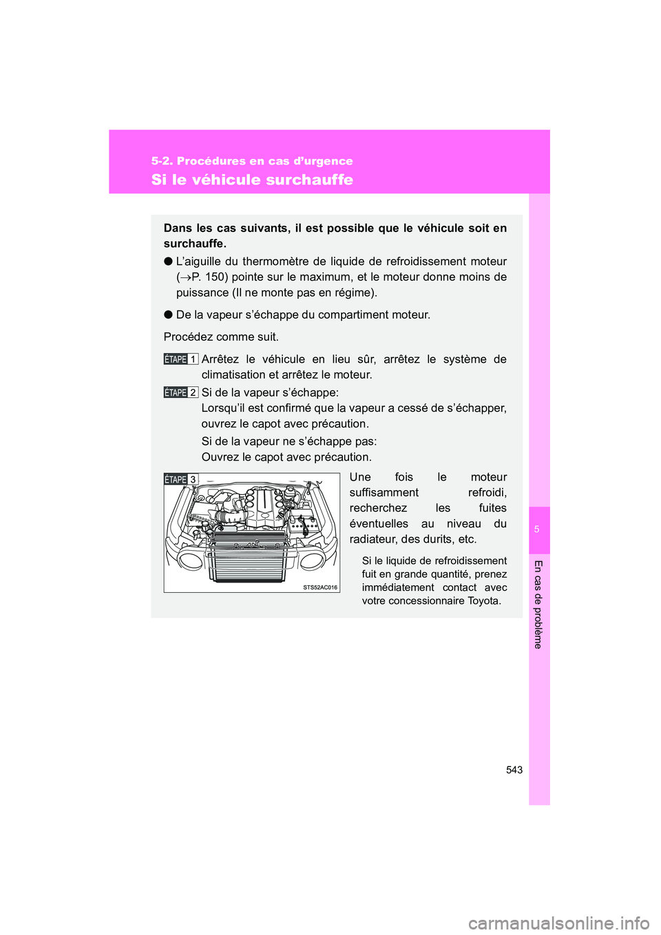 TOYOTA FJ CRUISER 2013 Manuel du propriétaire (in French) 5
En cas de problème
543
5-2. Procédures en cas d’urgence
FJ CRUISER_D_(35A71D)
Si le véhicule surchauffe
Dans les cas suivants, il est possible que le véhicule soit en
surchauffe.
●L’aiguil TOYOTA FJ CRUISER 2013 Manuel du propriétaire (in French) 5
En cas de problème
543
5-2. Procédures en cas d’urgence
FJ CRUISER_D_(35A71D)
Si le véhicule surchauffe
Dans les cas suivants, il est possible que le véhicule soit en
surchauffe.
●L’aiguil