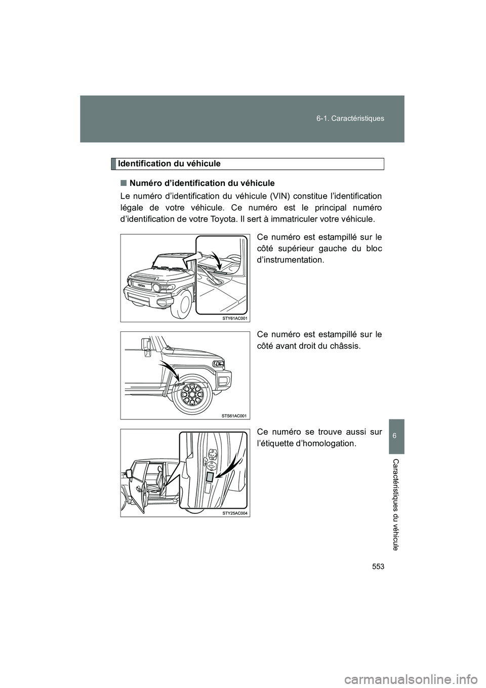 TOYOTA FJ CRUISER 2013  Manuel du propriétaire (in French) 553
6-1. Caractéristiques
6
Caractéristiques du véhicule
FJ CRUISER_D_(35A71D)
Identification du véhicule
■ Numéro d’identification du véhicule
Le numéro d’identification du véhicule (VI