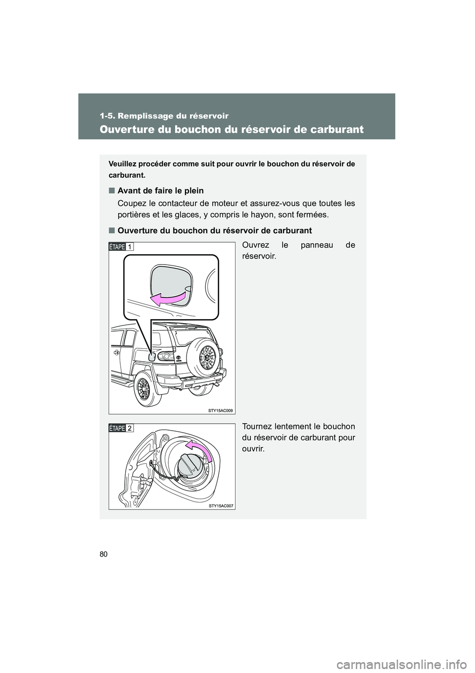 TOYOTA FJ CRUISER 2013  Manuel du propriétaire (in French) 80
FJ CRUISER_D_(35A71D)
1-5. Remplissage du réservoir
Ouver ture du bouchon du réser voir de carburant
Veuillez procéder comme suit pour ouvrir le bouchon du réservoir de
carburant.
■Avant de f
