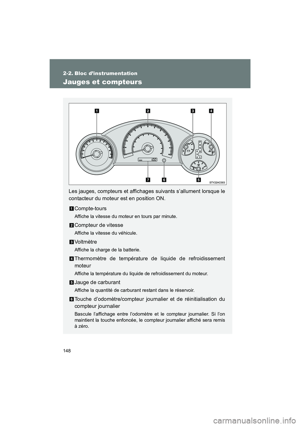 TOYOTA FJ CRUISER 2012  Manuel du propriétaire (in French) 148
FJ CRUISER_D_(35A60D)
2-2. Bloc d’instrumentation
Jauges et compteurs
Les jauges, compteurs et affichages suivants s’allument lorsque le
contacteur du moteur est en position ON.Compte-tours
Af