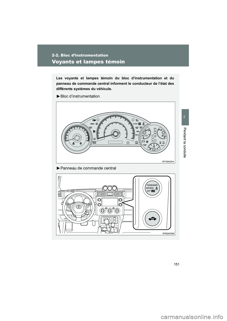 TOYOTA FJ CRUISER 2012  Manuel du propriétaire (in French) 151
2-2. Bloc d’instrumentation
2
Pendant la conduite
FJ CRUISER_D_(35A60D)
Voyants et lampes témoin
Les voyants et lampes témoin du bloc d’instrumentation et du
panneau de commande central info