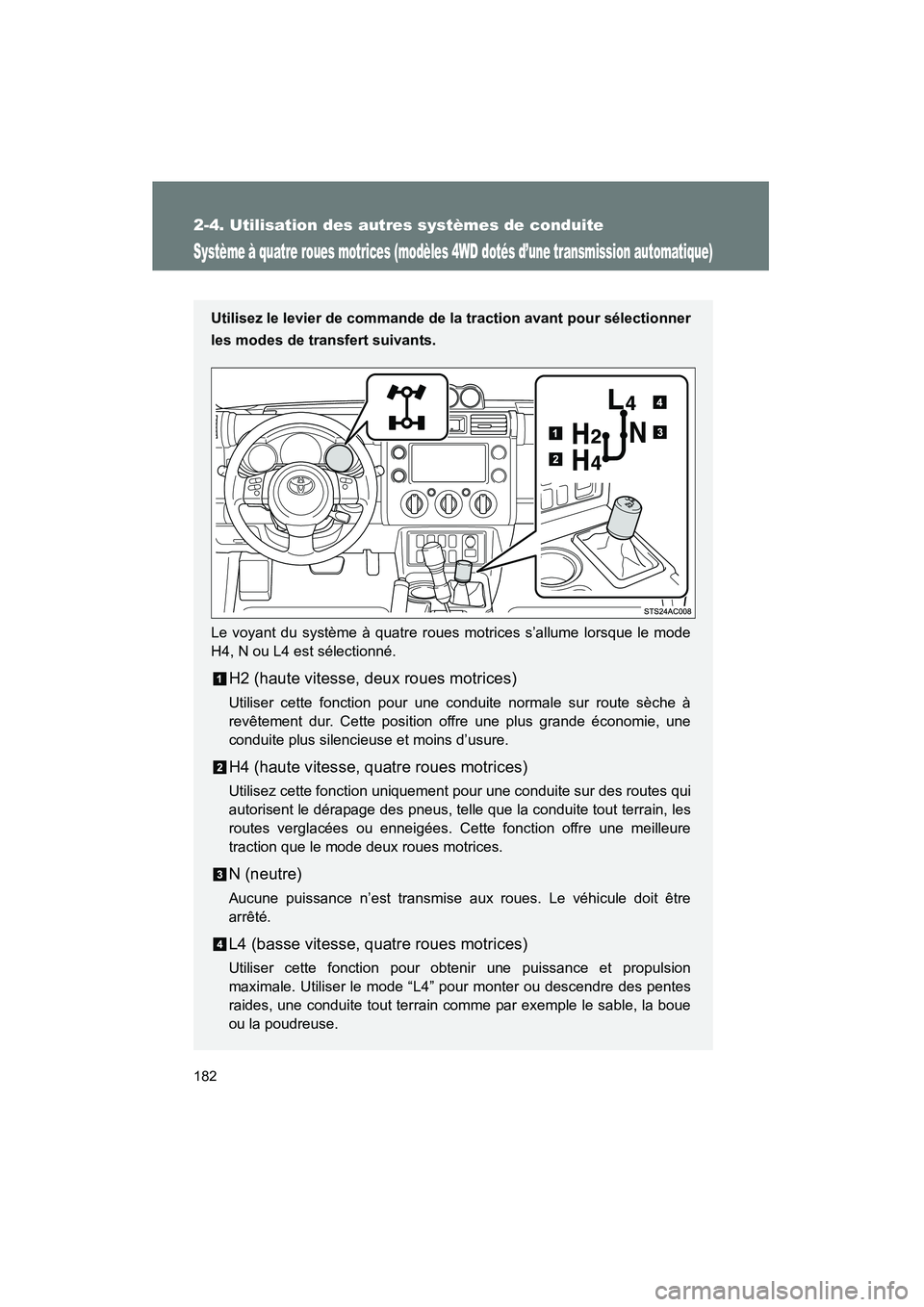 TOYOTA FJ CRUISER 2012  Manuel du propriétaire (in French) 182
2-4. Utilisation des autres systèmes de conduite
FJ CRUISER_D_(35A60D)
Système à quatre roues motrices (modèles 4WD dotés d’une transmission automatique)
Utilisez le levier de commande de l