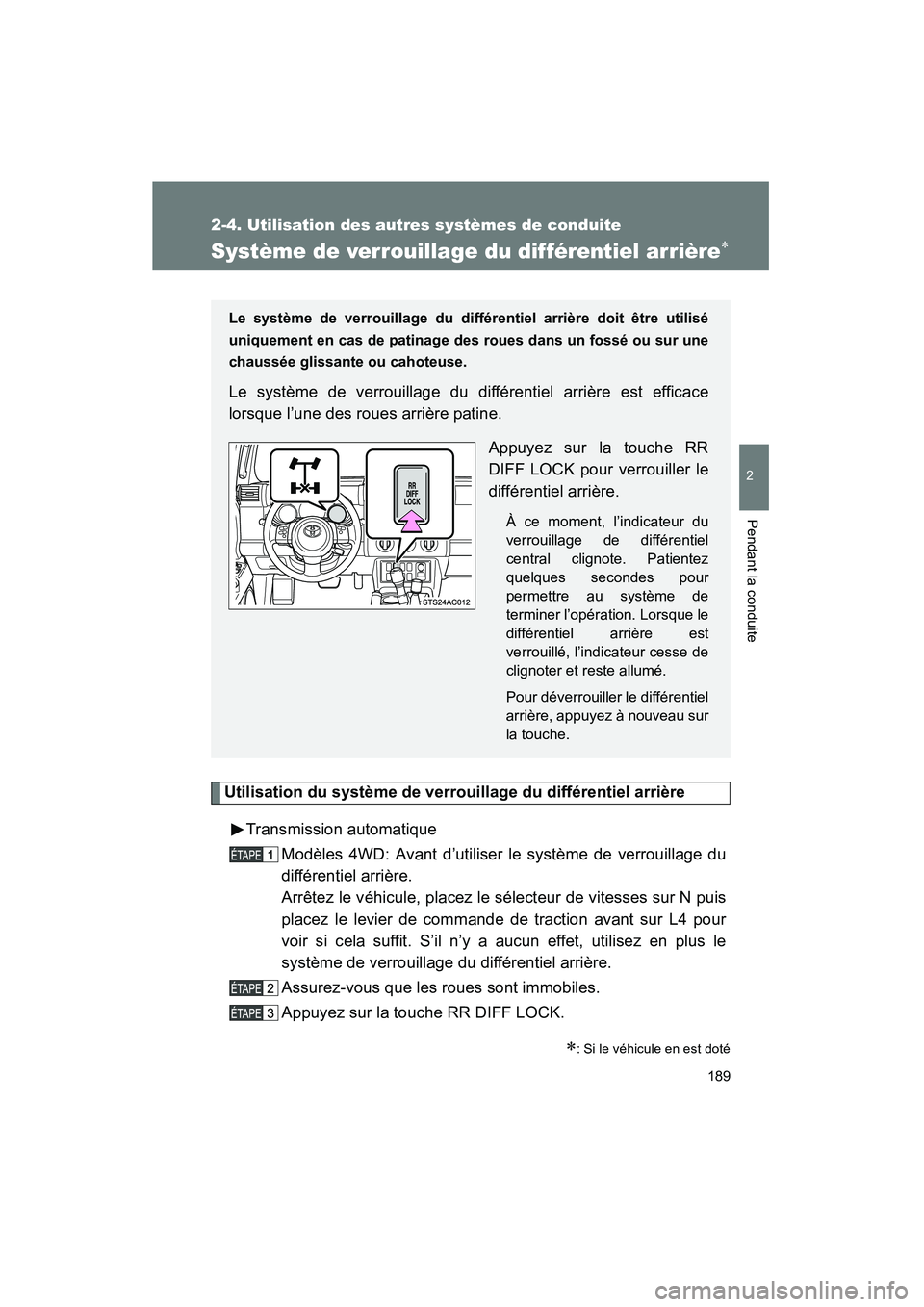 TOYOTA FJ CRUISER 2012  Manuel du propriétaire (in French) 189
2-4. Utilisation des autres systèmes de conduite
2
Pendant la conduite
FJ CRUISER_D_(35A60D)
Système de verrouillage du différentiel arrière∗
Utilisation du système de verrouillage du diff