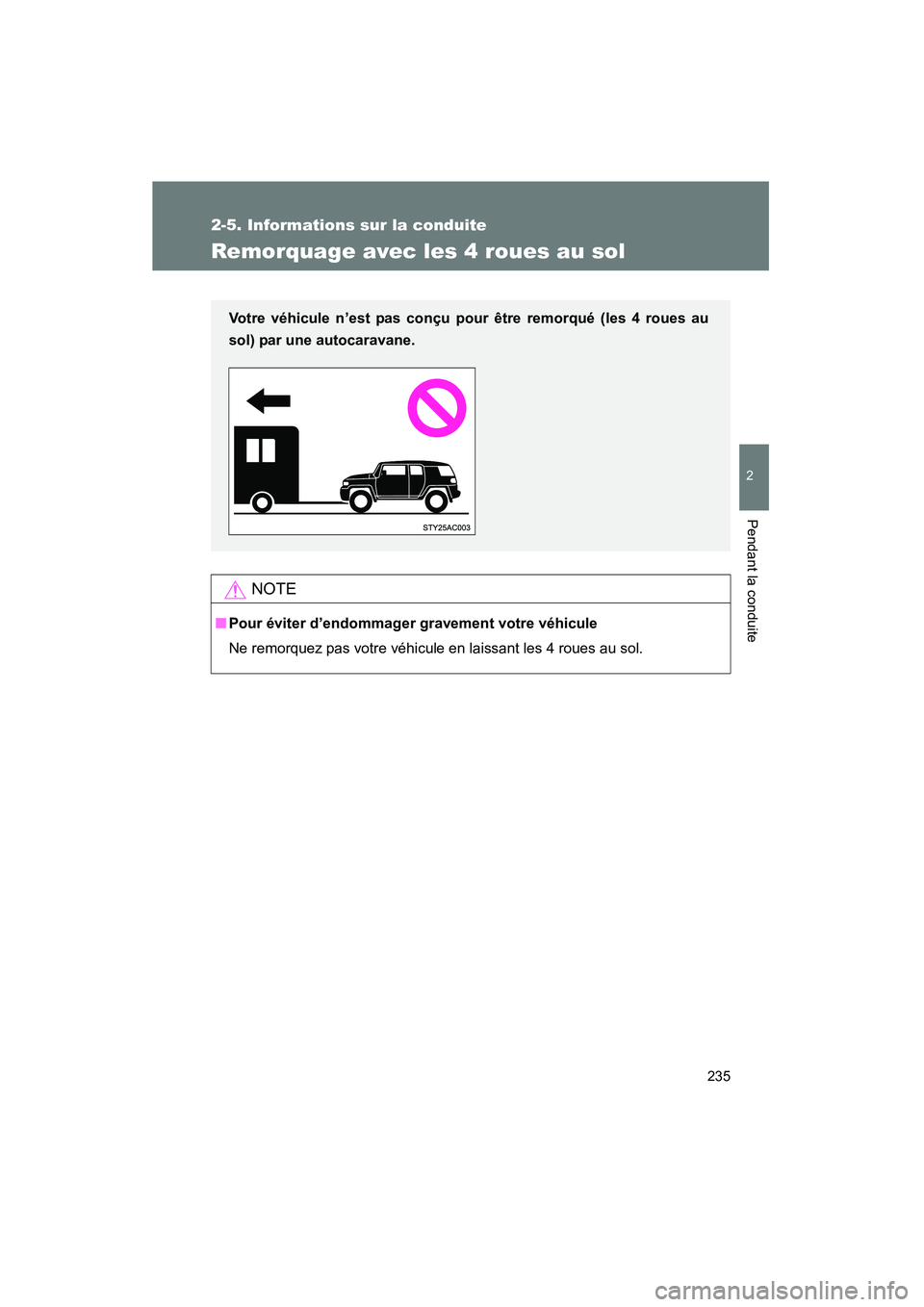 TOYOTA FJ CRUISER 2012 Manuel du propriétaire (in French) 235
2-5. Informations sur la conduite
2
Pendant la conduite
FJ CRUISER_D_(35A60D)
Remorquage avec les 4 roues au sol
NOTE
■Pour éviter d’endommager gravement votre véhicule
Ne remorquez pas votr TOYOTA FJ CRUISER 2012 Manuel du propriétaire (in French) 235
2-5. Informations sur la conduite
2
Pendant la conduite
FJ CRUISER_D_(35A60D)
Remorquage avec les 4 roues au sol
NOTE
■Pour éviter d’endommager gravement votre véhicule
Ne remorquez pas votr