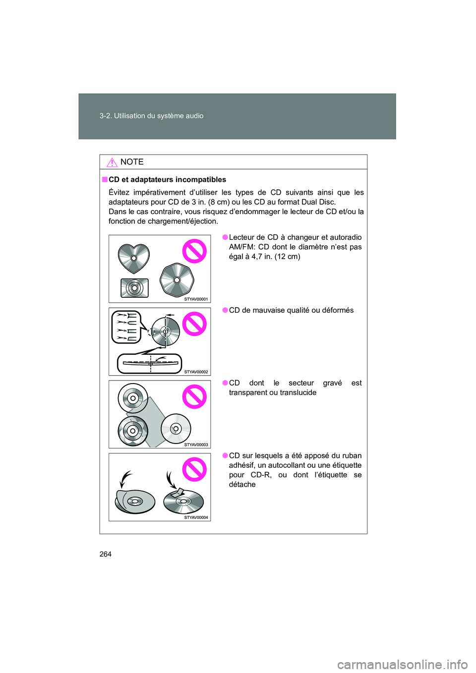 TOYOTA FJ CRUISER 2012 Manuel du propriétaire (in French) 264 3-2. Utilisation du système audio
FJ CRUISER_D_(35A60D)
NOTE
■CD et adaptateurs incompatibles
Évitez impérativement d’utiliser les types de CD suivants ainsi que les
adaptateurs pour CD de TOYOTA FJ CRUISER 2012 Manuel du propriétaire (in French) 264 3-2. Utilisation du système audio
FJ CRUISER_D_(35A60D)
NOTE
■CD et adaptateurs incompatibles
Évitez impérativement d’utiliser les types de CD suivants ainsi que les
adaptateurs pour CD de
