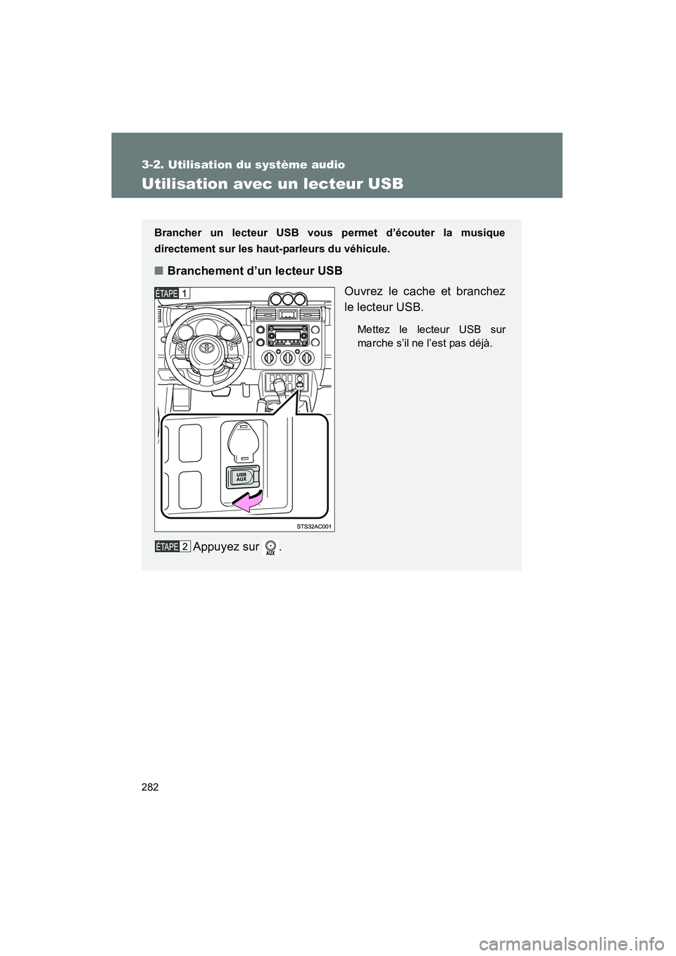 TOYOTA FJ CRUISER 2012  Manuel du propriétaire (in French) 282
3-2. Utilisation du système audio
FJ CRUISER_D_(35A60D)
Utilisation avec un lecteur USB
Brancher un lecteur USB vous permet d’écouter la musique
directement sur les haut-parleurs du véhicule.