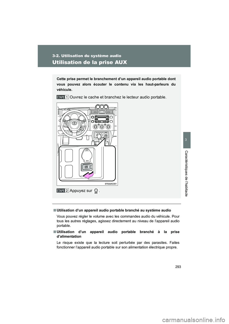TOYOTA FJ CRUISER 2012  Manuel du propriétaire (in French) 293
3-2. Utilisation du système audio
3
Caractéristiques de l’habitacle
FJ CRUISER_D_(35A60D)
Utilisation de la prise AUX
■Utilisation d’un appareil audio por table branché au système audio
