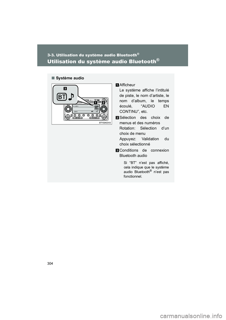 TOYOTA FJ CRUISER 2012  Manuel du propriétaire (in French) 304
3-3. Utilisation du système audio Bluetooth®
FJ CRUISER_D_(35A60D)
Utilisation du système audio Bluetooth®
■Système audio
Afficheur 
Le système affiche l’intitulé
de piste, le nom d’a