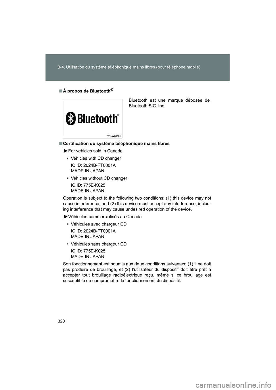 TOYOTA FJ CRUISER 2012 Manuel du propriétaire (in French) 320 3-4. Utilisation du système téléphonique mains libres (pour téléphone mobile)
FJ CRUISER_D_(35A60D)
■À propos de Bluetooth®
■Certification du système téléphonique mains libres
For ve TOYOTA FJ CRUISER 2012 Manuel du propriétaire (in French) 320 3-4. Utilisation du système téléphonique mains libres (pour téléphone mobile)
FJ CRUISER_D_(35A60D)
■À propos de Bluetooth®
■Certification du système téléphonique mains libres
For ve