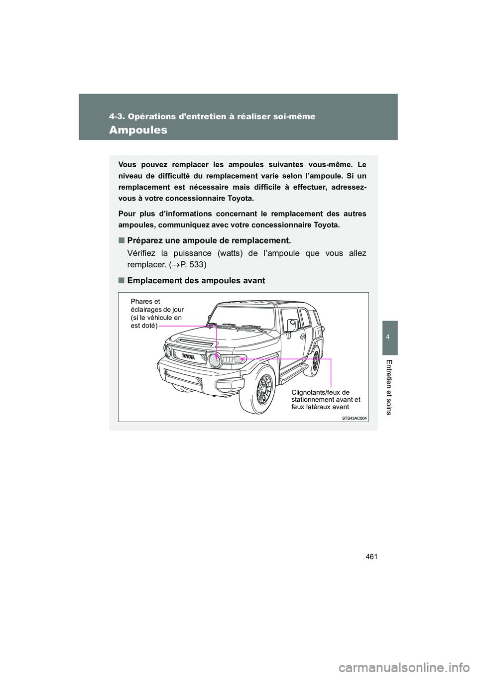 TOYOTA FJ CRUISER 2012  Manuel du propriétaire (in French) 461
4-3. Opérations d’entretien à réaliser soi-même
4
Entretien et soins
FJ CRUISER_D_(35A60D)
Ampoules
Vous pouvez remplacer les ampoules suivantes vous-même. Le
niveau de difficulté du rempl