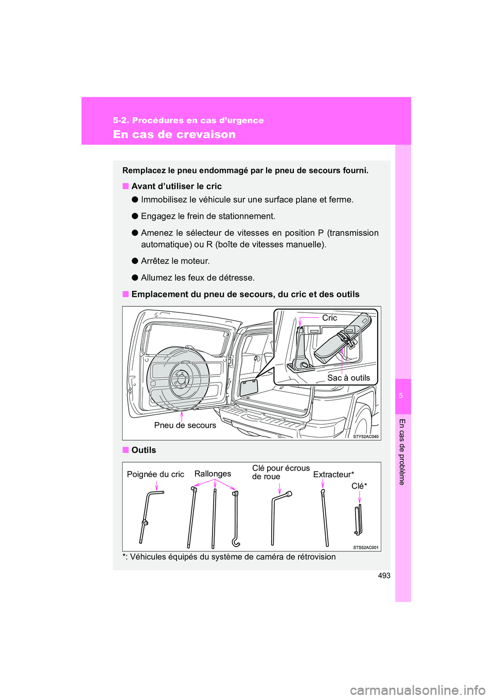 TOYOTA FJ CRUISER 2012 Manuel du propriétaire (in French) 5
En cas de problème
493
5-2. Procédures en cas d’urgence
FJ CRUISER_D_(35A60D)
En cas de crevaison
Remplacez le pneu endommagé par le pneu de secours fourni.
■Avant d’utiliser le cric
● Im TOYOTA FJ CRUISER 2012 Manuel du propriétaire (in French) 5
En cas de problème
493
5-2. Procédures en cas d’urgence
FJ CRUISER_D_(35A60D)
En cas de crevaison
Remplacez le pneu endommagé par le pneu de secours fourni.
■Avant d’utiliser le cric
● Im
