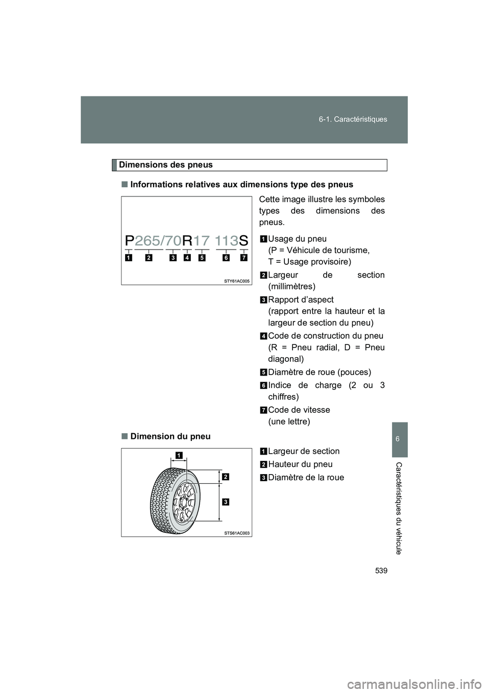 TOYOTA FJ CRUISER 2012 Manuel du propriétaire (in French) 539
6-1. Caractéristiques
6
Caractéristiques du véhicule
FJ CRUISER_D_(35A60D)
Dimensions des pneus
■ Informations relatives aux dimensions type des pneus
Cette image illustre les symboles
types TOYOTA FJ CRUISER 2012 Manuel du propriétaire (in French) 539
6-1. Caractéristiques
6
Caractéristiques du véhicule
FJ CRUISER_D_(35A60D)
Dimensions des pneus
■ Informations relatives aux dimensions type des pneus
Cette image illustre les symboles
types