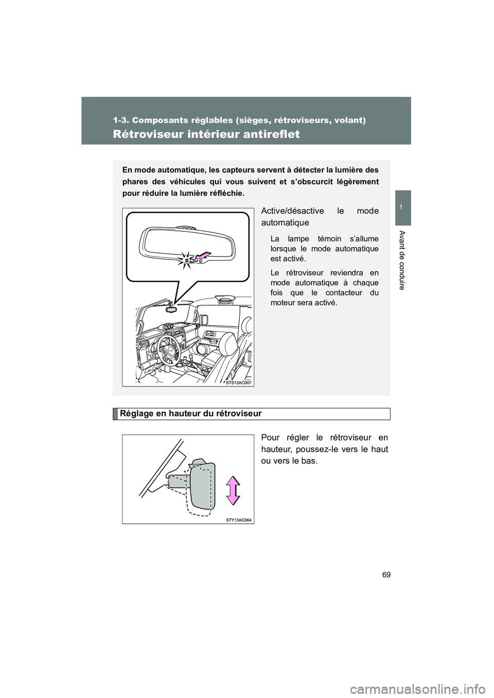 TOYOTA FJ CRUISER 2012  Manuel du propriétaire (in French) 69
1
1-3. Composants réglables (sièges, rétroviseurs, volant)
Avant de conduire
FJ CRUISER_D_(35A60D)
Rétroviseur intérieur antireflet
Réglage en hauteur du rétroviseurPour régler le rétrovis