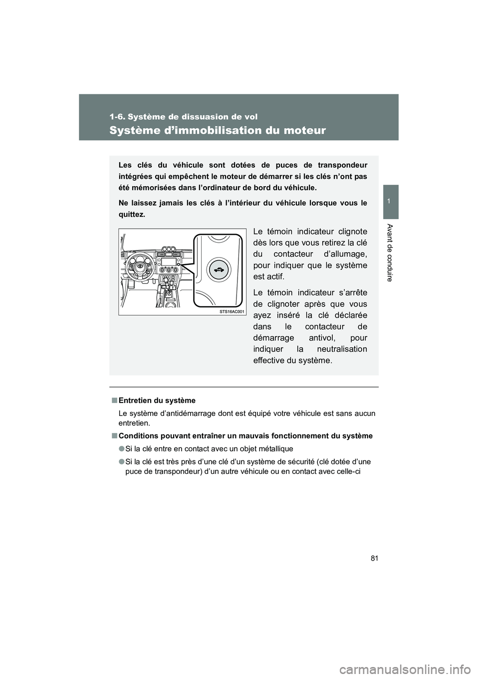 TOYOTA FJ CRUISER 2012  Manuel du propriétaire (in French) 81
1
Avant de conduire
FJ CRUISER_D_(35A60D)
1-6. Système de dissuasion de vol
Système d’immobilisation du moteur
■Entretien du système
Le système d’antidémarrage dont est équipé votre v