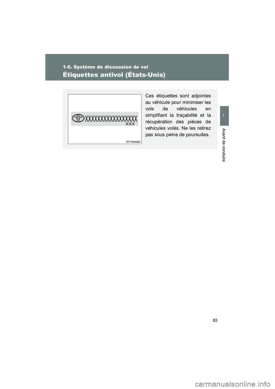 TOYOTA FJ CRUISER 2012  Manuel du propriétaire (in French) 83
1
1-6. Système de dissuasion de vol
Avant de conduire
FJ CRUISER_D_(35A60D)
Étiquettes antivol (États-Unis)
Ces étiquettes sont adjointes
au véhicule pour minimiser les
vols de véhicules en
s