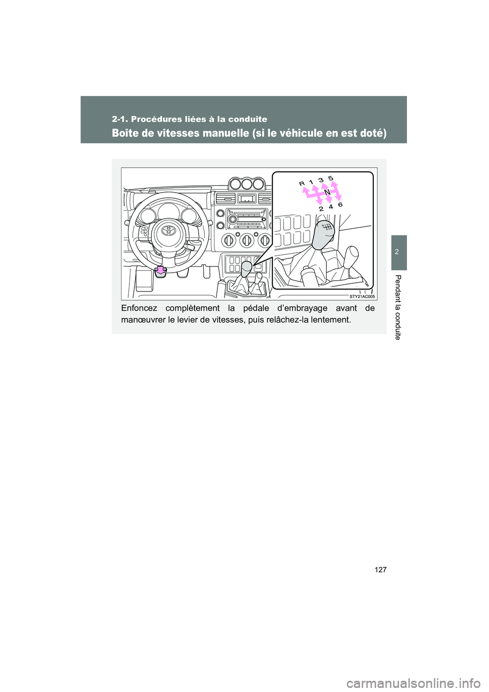 TOYOTA FJ CRUISER 2008  Manuel du propriétaire (in French) 127
2-1. Procédures liées à la conduite
2
Pendant la conduite
FJ CRUISER_D_(L/O_0708)
Boîte de vitesses manuelle (si le véhicule en est doté)
Enfoncez complètement la pédale d’embrayage avan