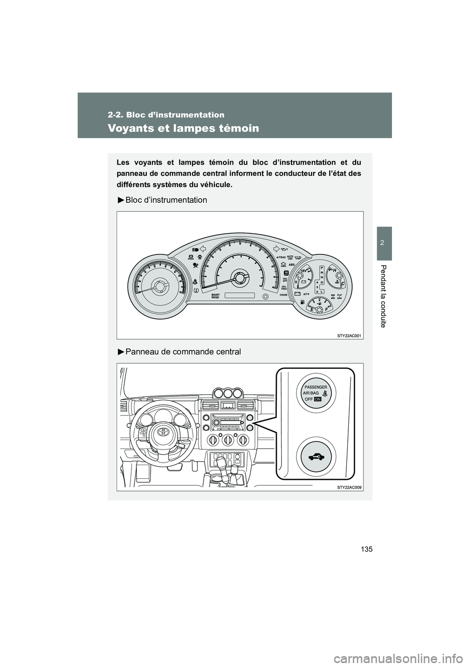 TOYOTA FJ CRUISER 2008 Manuel du propriétaire (in French) 135
2-2. Bloc d’instrumentation
2
Pendant la conduite
FJ CRUISER_D_(L/O_0708)
Voyants et lampes témoin
Les voyants et lampes témoin du bloc d’instrumentation et du
panneau de commande central in TOYOTA FJ CRUISER 2008 Manuel du propriétaire (in French) 135
2-2. Bloc d’instrumentation
2
Pendant la conduite
FJ CRUISER_D_(L/O_0708)
Voyants et lampes témoin
Les voyants et lampes témoin du bloc d’instrumentation et du
panneau de commande central in