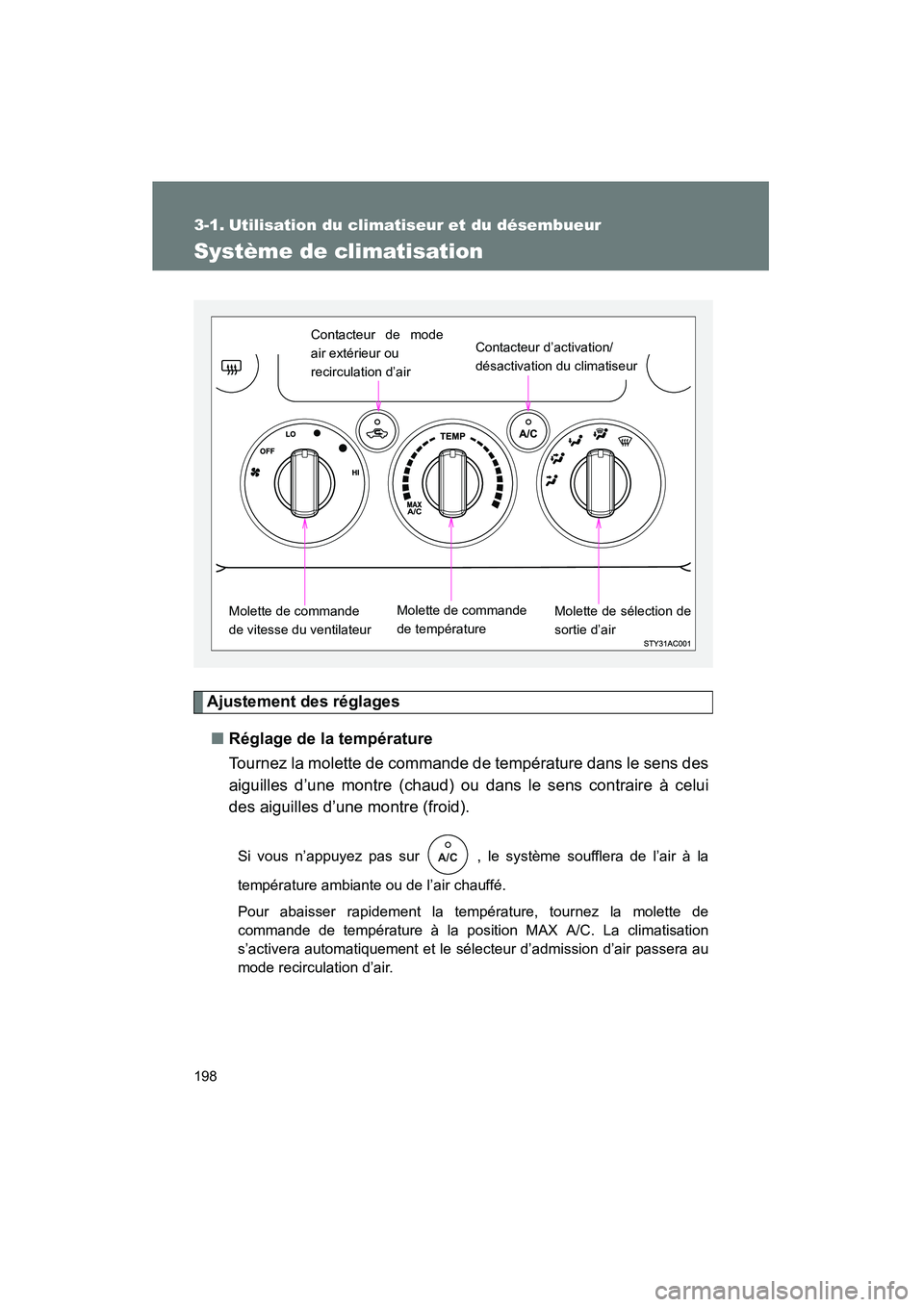 TOYOTA FJ CRUISER 2008 Manuel du propriétaire (in French) 198
FJ CRUISER_D_(L/O_0708)
3-1. Utilisation du climatiseur et du désembueur
Système de climatisation
Ajustement des réglages■ Réglage de la température
Tournez la molette de commande de tempé TOYOTA FJ CRUISER 2008 Manuel du propriétaire (in French) 198
FJ CRUISER_D_(L/O_0708)
3-1. Utilisation du climatiseur et du désembueur
Système de climatisation
Ajustement des réglages■ Réglage de la température
Tournez la molette de commande de tempé