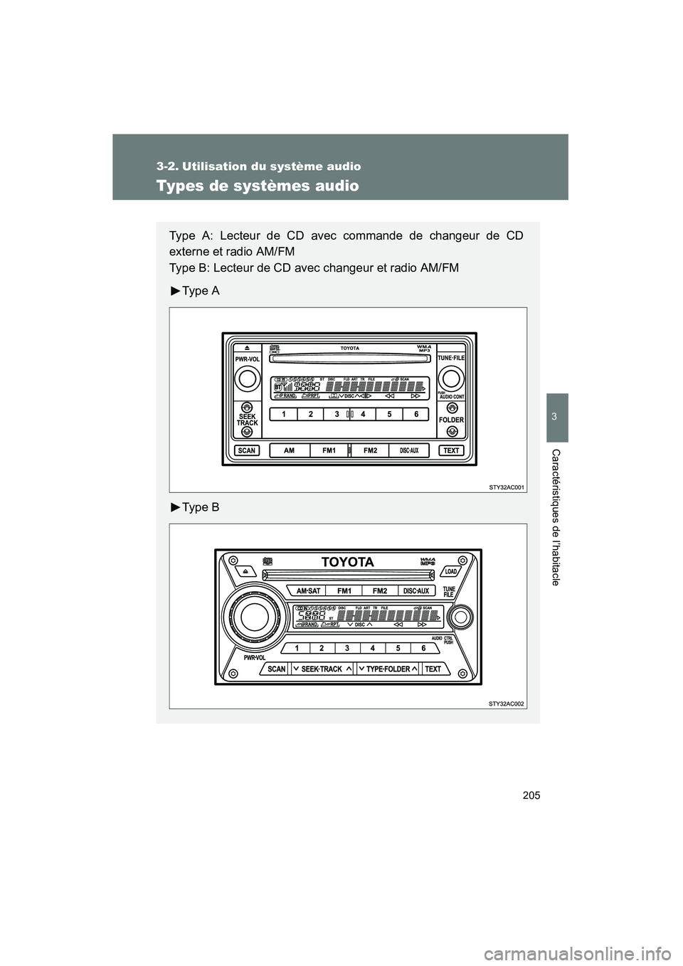 TOYOTA FJ CRUISER 2008 Manuel du propriétaire (in French) 205
3
Caractéristiques de l’habitacle
FJ CRUISER_D_(L/O_0708)
3-2. Utilisation du système audio
Types de systèmes audio
Type A: Lecteur de CD avec commande de changeur de CD
externe et radio AM/F TOYOTA FJ CRUISER 2008 Manuel du propriétaire (in French) 205
3
Caractéristiques de l’habitacle
FJ CRUISER_D_(L/O_0708)
3-2. Utilisation du système audio
Types de systèmes audio
Type A: Lecteur de CD avec commande de changeur de CD
externe et radio AM/F