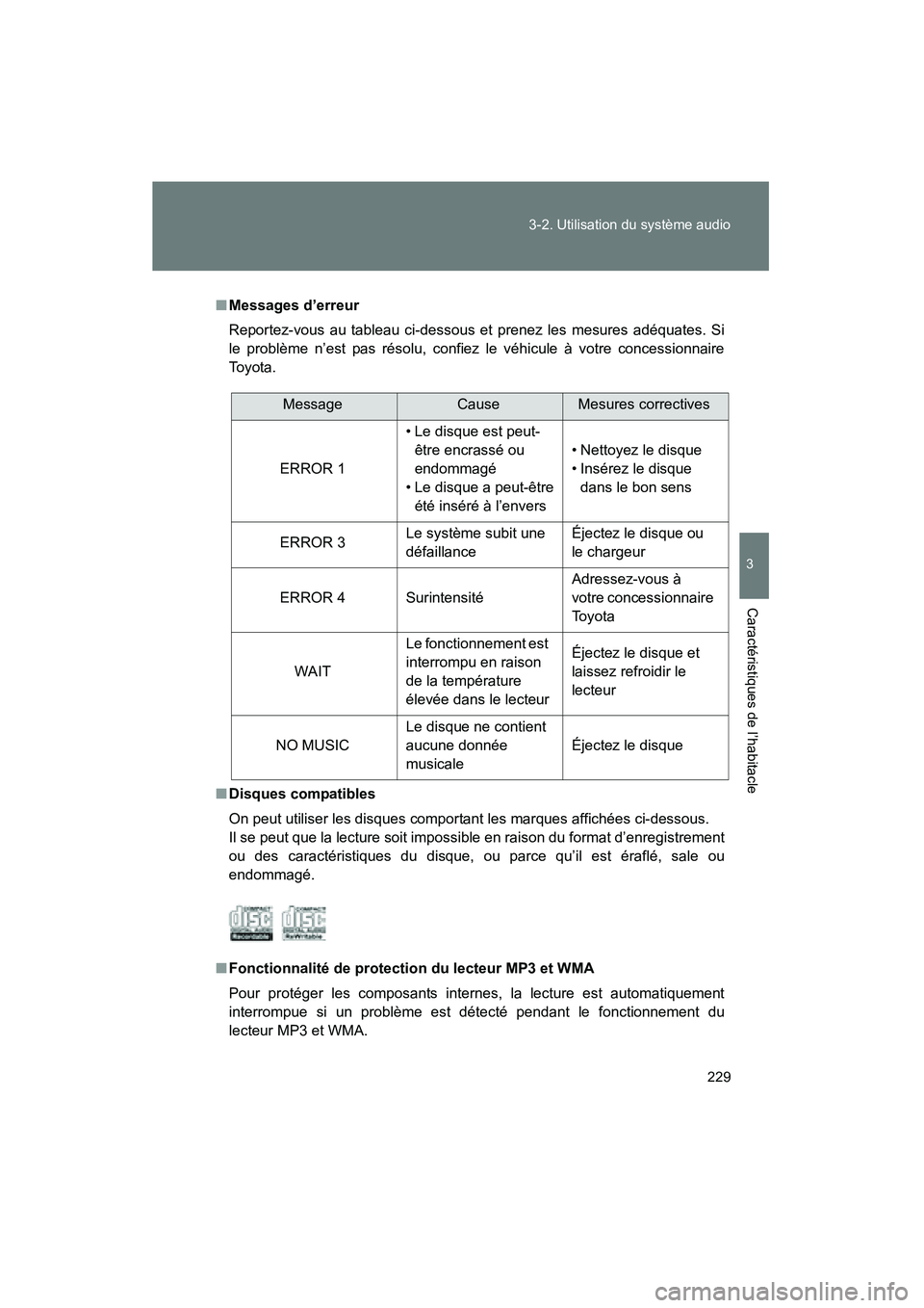 TOYOTA FJ CRUISER 2008 Manuel du propriétaire (in French) 229
3-2. Utilisation du système audio
3
Caractéristiques de l’habitacle
FJ CRUISER_D_(L/O_0708)
■
Messages d’erreur
Reportez-vous au tableau ci-dessous et prenez les mesures adéquates. Si
le TOYOTA FJ CRUISER 2008 Manuel du propriétaire (in French) 229
3-2. Utilisation du système audio
3
Caractéristiques de l’habitacle
FJ CRUISER_D_(L/O_0708)
■
Messages d’erreur
Reportez-vous au tableau ci-dessous et prenez les mesures adéquates. Si
le