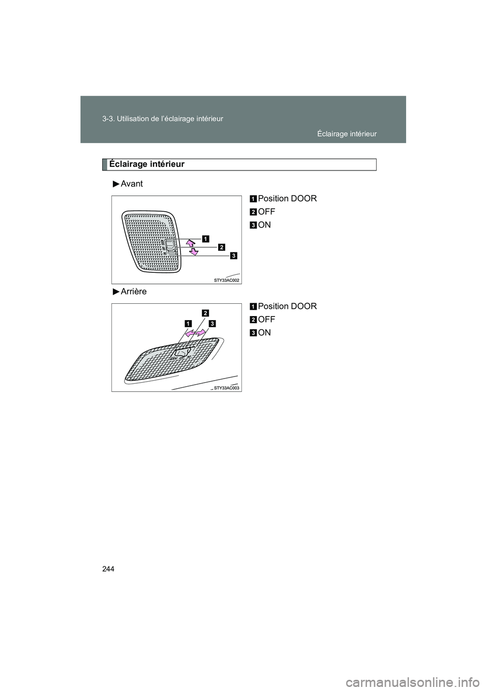 TOYOTA FJ CRUISER 2008  Manuel du propriétaire (in French) 244 3-3. Utilisation de l’éclairage intérieur
FJ CRUISER_D_(L/O_0708)
Éclairage intérieurAvant Position DOOR
OFF
ON
Arrière Position DOOR
OFF
ON
 Éclairage intérieur
FJCRUISER_D.book  244 ペ