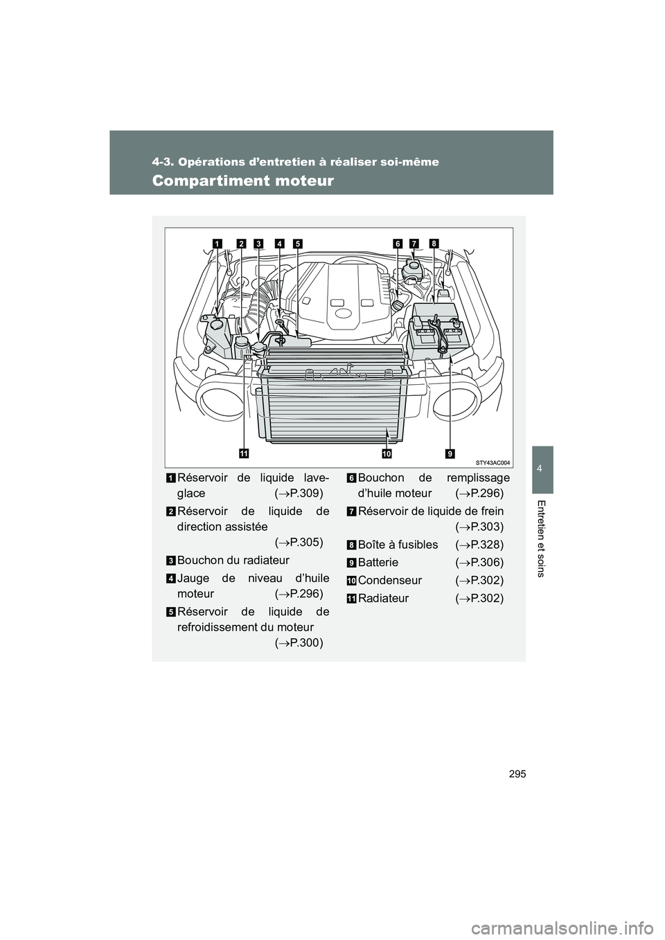 TOYOTA FJ CRUISER 2008  Manuel du propriétaire (in French) 295
4-3. Opérations d’entretien à réaliser soi-même
4
Entretien et soins
FJ CRUISER_D_(L/O_0708)
Compartiment moteur
Réservoir de liquide lave-
glace(→ P.309)
Réservoir de liquide de
directi