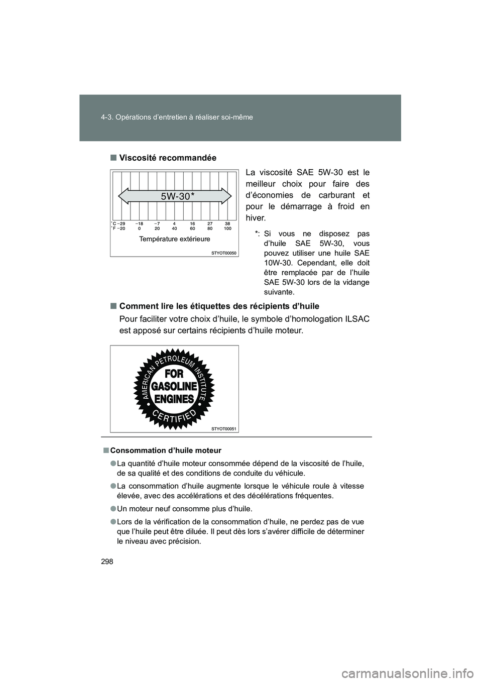TOYOTA FJ CRUISER 2008  Manuel du propriétaire (in French) 298 4-3. Opérations d’entretien à réaliser soi-même
FJ CRUISER_D_(L/O_0708)■
Viscosité recommandée
La viscosité SAE 5W-30 est le
meilleur choix pour faire des
d’économies de carburant et