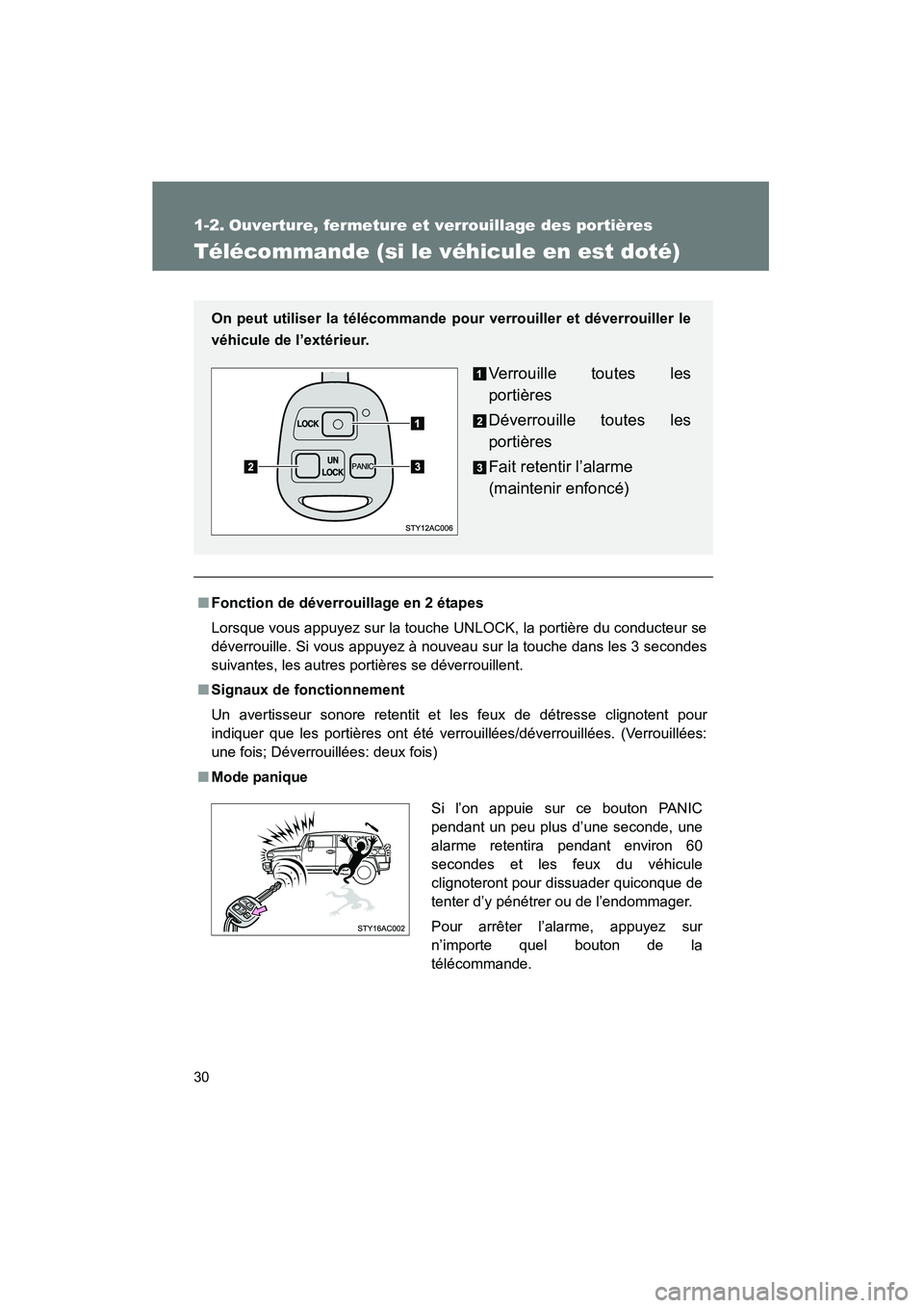 TOYOTA FJ CRUISER 2008  Manuel du propriétaire (in French) 30
FJ CRUISER_D_(L/O_0708)
1-2. Ouverture, fermeture et verrouillage des portières
Télécommande (si le véhicule en est doté)
■Fonction de déverrouillage en 2 étapes
Lorsque vous appuyez sur l