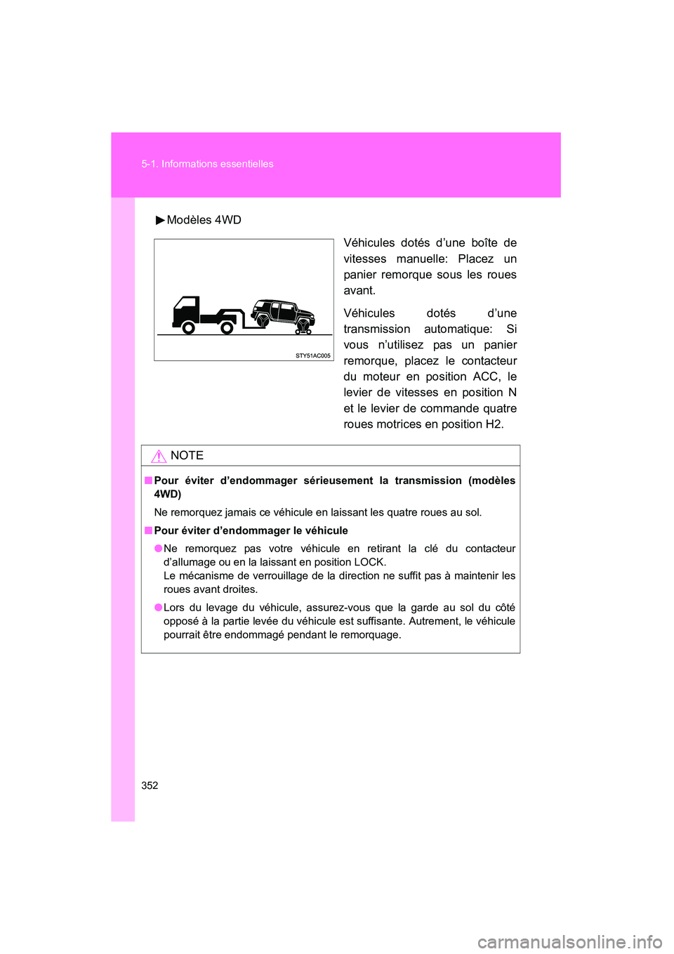 TOYOTA FJ CRUISER 2008  Manuel du propriétaire (in French) 352 5-1. Informations essentielles
FJ CRUISER_D_(L/O_0708)Modèles 4WD
Véhicules dotés d’une boîte de
vitesses manuelle: Placez un
panier remorque sous les roues
avant.
Véhicules dotés d’une
