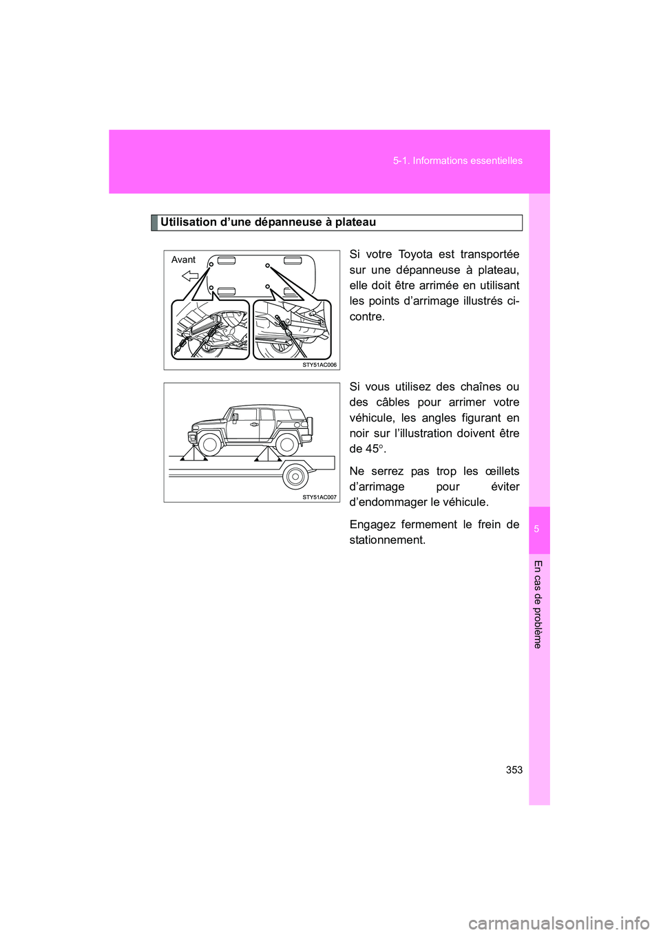 TOYOTA FJ CRUISER 2008  Manuel du propriétaire (in French) 5
En cas de problème
353
5-1. Informations essentielles
FJ CRUISER_D_(L/O_0708)
Utilisation d’une dépanneuse à plateau
Si votre Toyota est transportée
sur une dépanneuse à plateau,
elle doit 