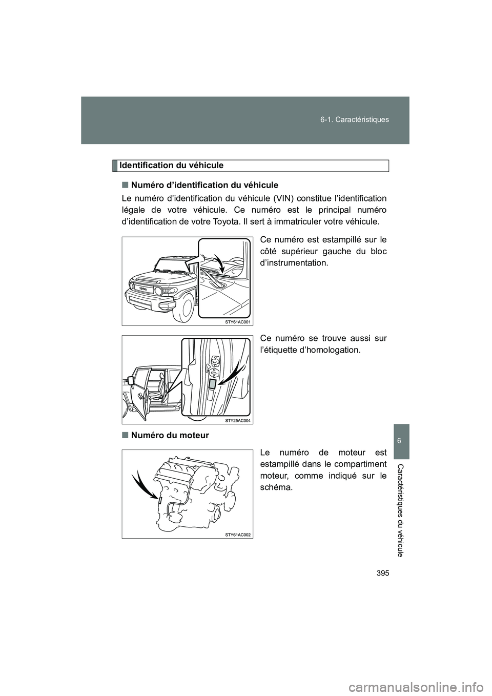 TOYOTA FJ CRUISER 2008 Manuel du propriétaire (in French) 395
6-1. Caractéristiques
6
Caractéristiques du véhicule
FJ CRUISER_D_(L/O_0708)
Identification du véhicule
■ Numéro d’identification du véhicule
Le numéro d’identification du véhicu le TOYOTA FJ CRUISER 2008 Manuel du propriétaire (in French) 395
6-1. Caractéristiques
6
Caractéristiques du véhicule
FJ CRUISER_D_(L/O_0708)
Identification du véhicule
■ Numéro d’identification du véhicule
Le numéro d’identification du véhicu le