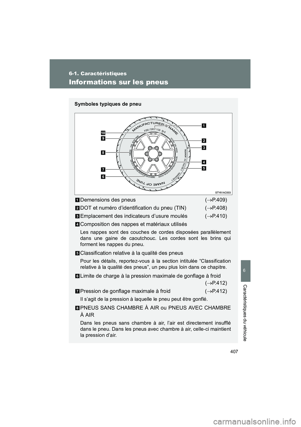 TOYOTA FJ CRUISER 2008  Manuel du propriétaire (in French) 407
6-1. Caractéristiques
6
Caractéristiques du véhicule
FJ CRUISER_D_(L/O_0708)
Infor mations sur les pneus
Symboles typiques de pneu
Demensions des pneus(→ P.409)
DOT et numéro d’identificat