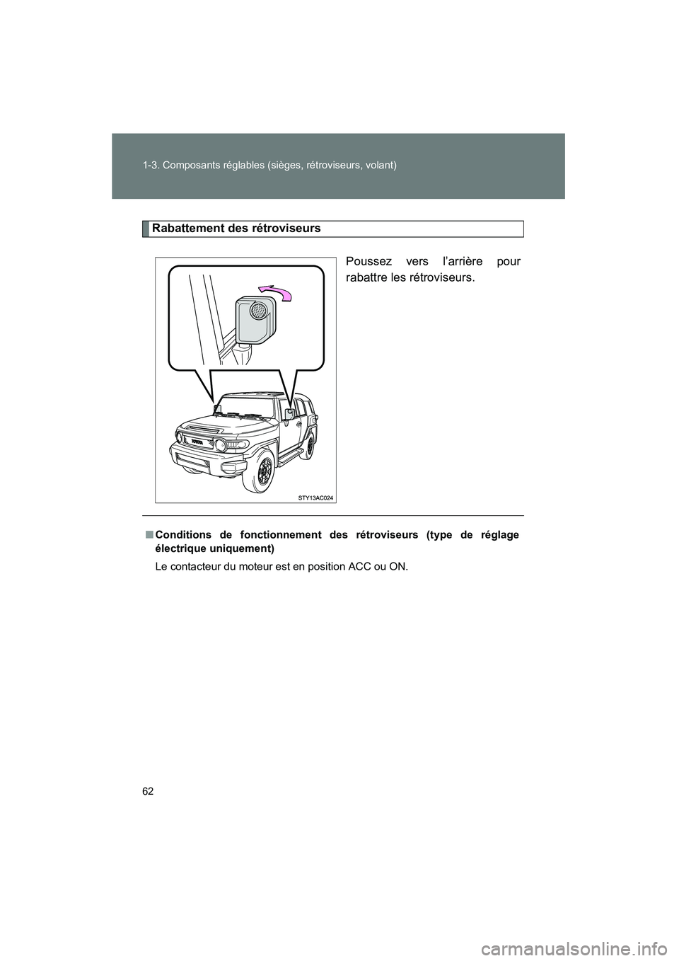 TOYOTA FJ CRUISER 2008  Manuel du propriétaire (in French) 62 1-3. Composants réglables (sièges, rétroviseurs, volant)
FJ CRUISER_D_(L/O_0708)
Rabattement des rétroviseursPoussez vers l’arrière pour
rabattre les rétroviseurs.
■Conditions de fonction