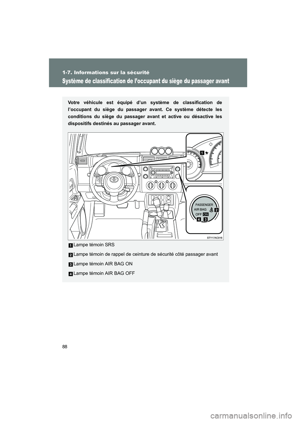 TOYOTA FJ CRUISER 2008  Manuel du propriétaire (in French) 88
1-7. Informations sur la sécurité
FJ CRUISER_D_(L/O_0708)
Système de classification de l’occupant du siège du passager avant
Votre véhicule est équipé d’un système de classification de
