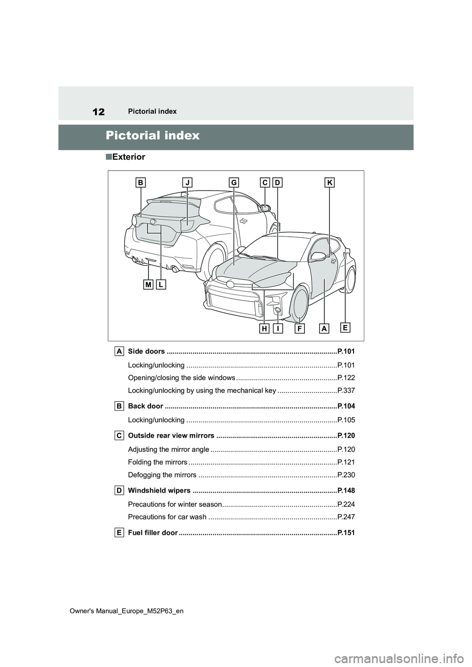 TOYOTA GR YARIS 2022 User Guide 12
Owner's Manual_Europe_M52P63_en
Pictorial index
Pictorial index
■Exterior
Side doors ......................................................................................P.101
Locking/unloc TOYOTA GR YARIS 2022 User Guide 12
Owner's Manual_Europe_M52P63_en
Pictorial index
Pictorial index
■Exterior
Side doors ......................................................................................P.101
Locking/unloc