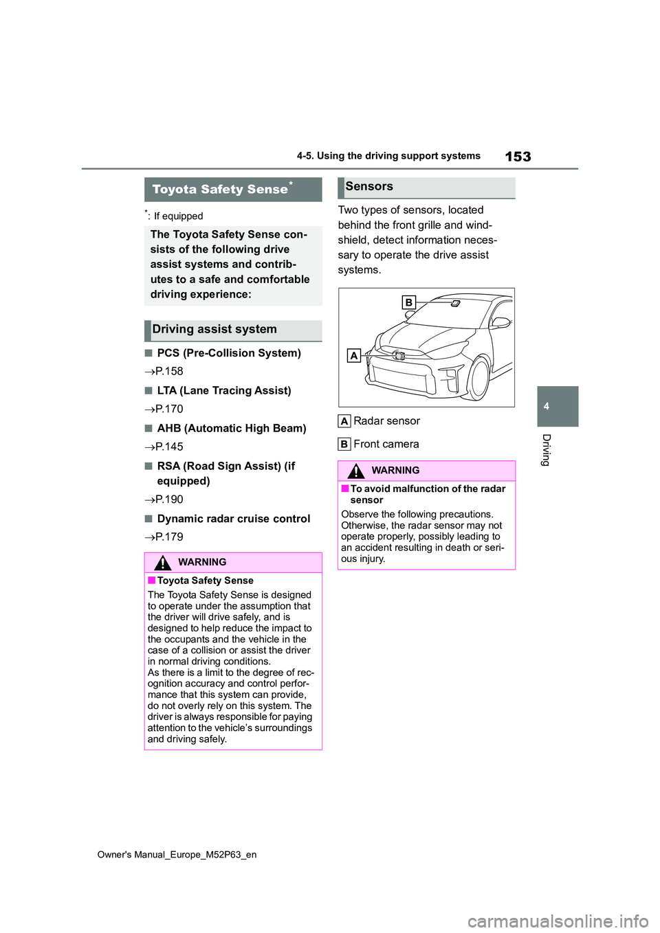 TOYOTA GR YARIS 2022 Owners Manual 153
4
Owner's Manual_Europe_M52P63_en
4-5. Using the driving support systems
Driving
4-5.Using the d riving s upport sy ste ms
*: If equipped
■PCS (Pre-Collision System)
P. 1 5 8
■LTA (L TOYOTA GR YARIS 2022 Owners Manual 153
4
Owner's Manual_Europe_M52P63_en
4-5. Using the driving support systems
Driving
4-5.Using the d riving s upport sy ste ms
*: If equipped
■PCS (Pre-Collision System)
P. 1 5 8
■LTA (L