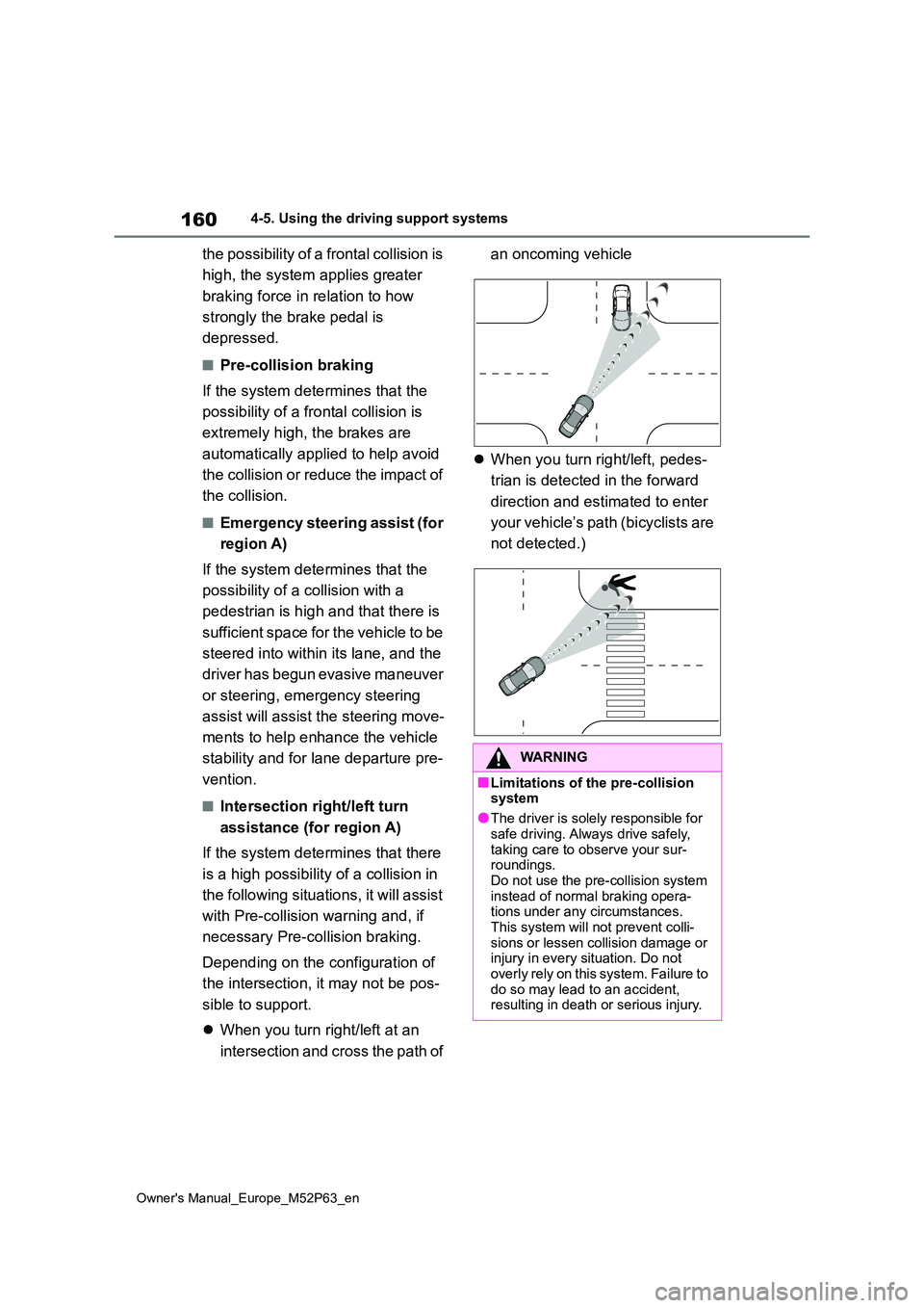 TOYOTA GR YARIS 2023  Owners Manual 160
Owner's Manual_Europe_M52P63_en
4-5. Using the driving support systems
the possibility of a frontal collision is  
high, the system applies greater  
braking force in relation to how  
strongl