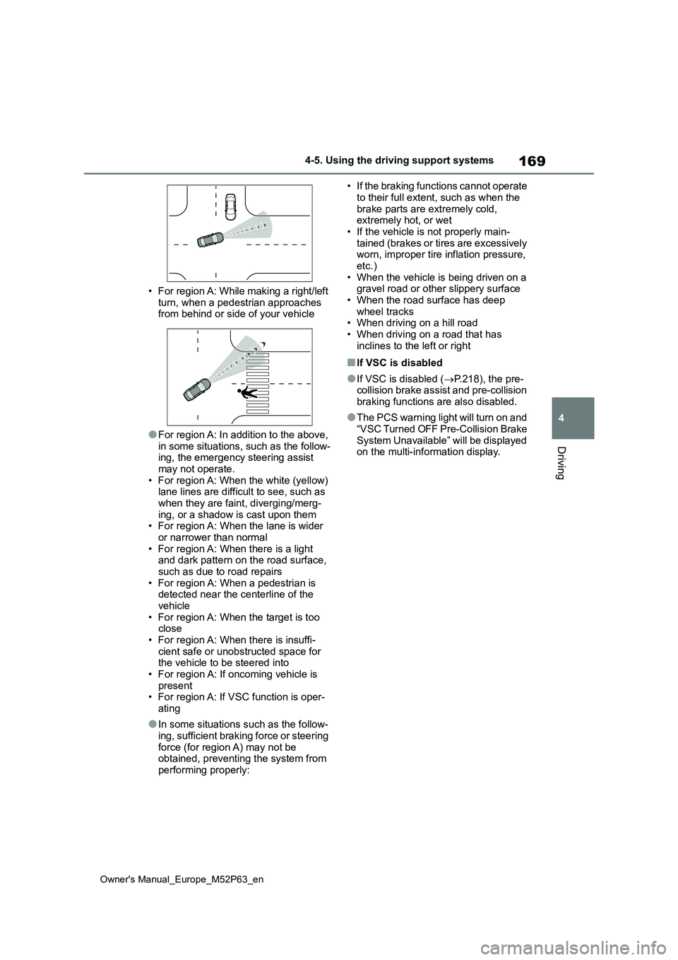 TOYOTA GR YARIS 2022 Owners Manual 169
4
Owner's Manual_Europe_M52P63_en
4-5. Using the driving support systems
Driving
• For region A: While making a right/left
turn, when a pedestrian approaches from behind or side of your v TOYOTA GR YARIS 2022 Owners Manual 169
4
Owner's Manual_Europe_M52P63_en
4-5. Using the driving support systems
Driving
• For region A: While making a right/left
turn, when a pedestrian approaches from behind or side of your v