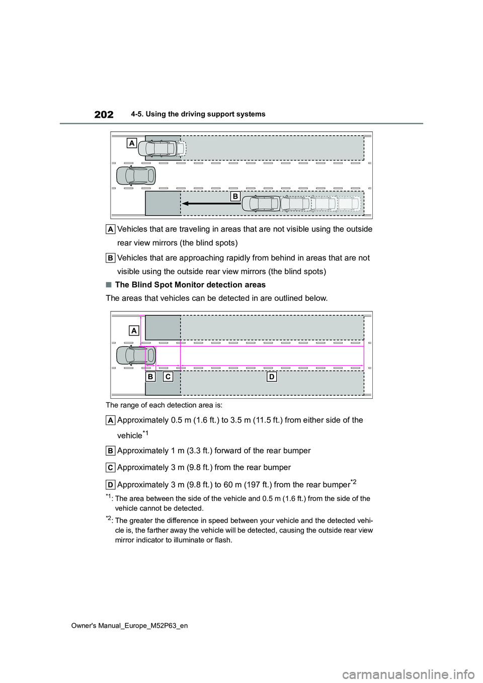 TOYOTA GR YARIS 2022 Owners Manual 202
Owner's Manual_Europe_M52P63_en
4-5. Using the driving support systems
Vehicles that are traveling in areas that are not visible using the outside
rear view mirrors (the blind spots)
Vehicl TOYOTA GR YARIS 2022 Owners Manual 202
Owner's Manual_Europe_M52P63_en
4-5. Using the driving support systems
Vehicles that are traveling in areas that are not visible using the outside
rear view mirrors (the blind spots)
Vehicl